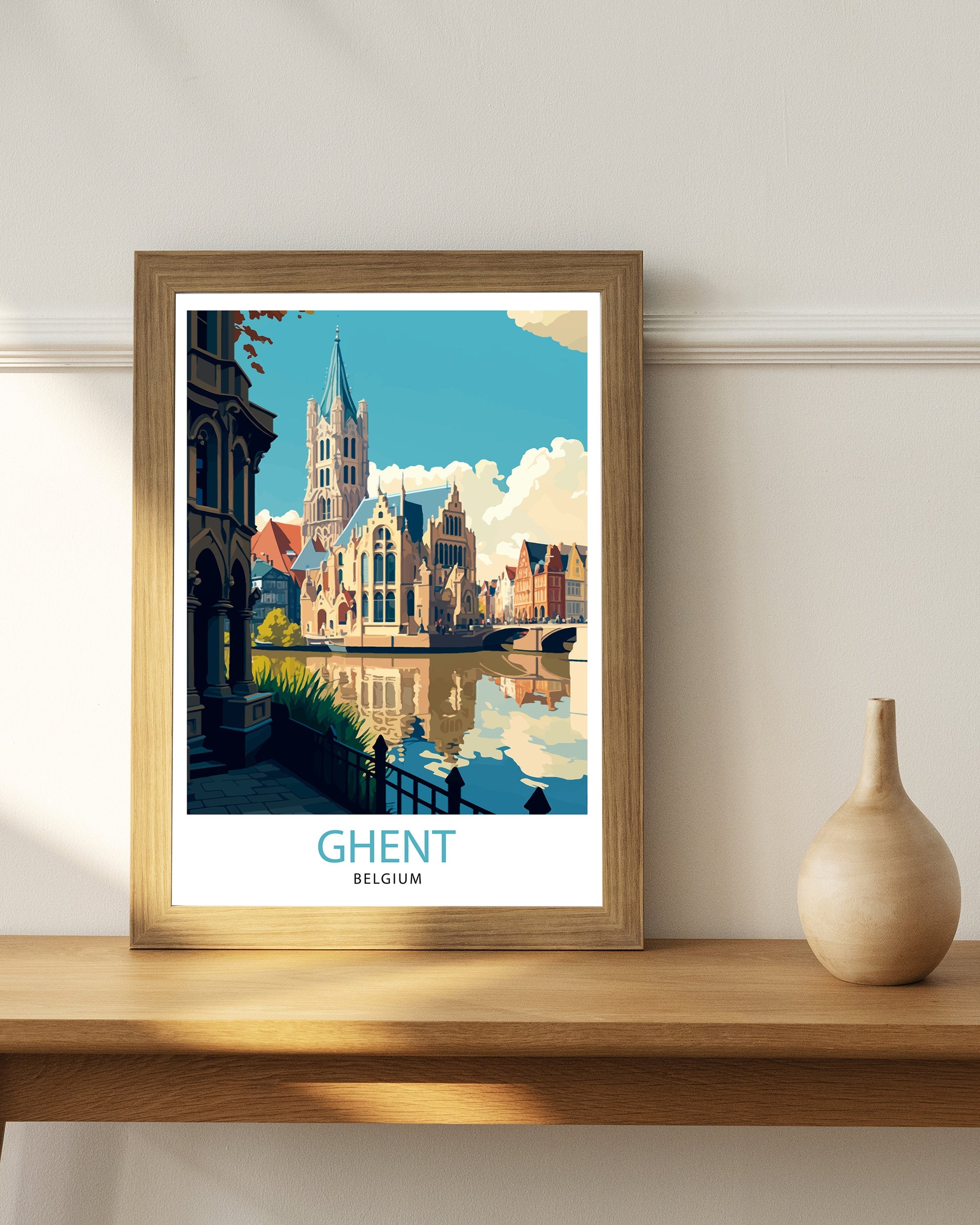 Ghent Belgium Travel Poster, Illustrated City View