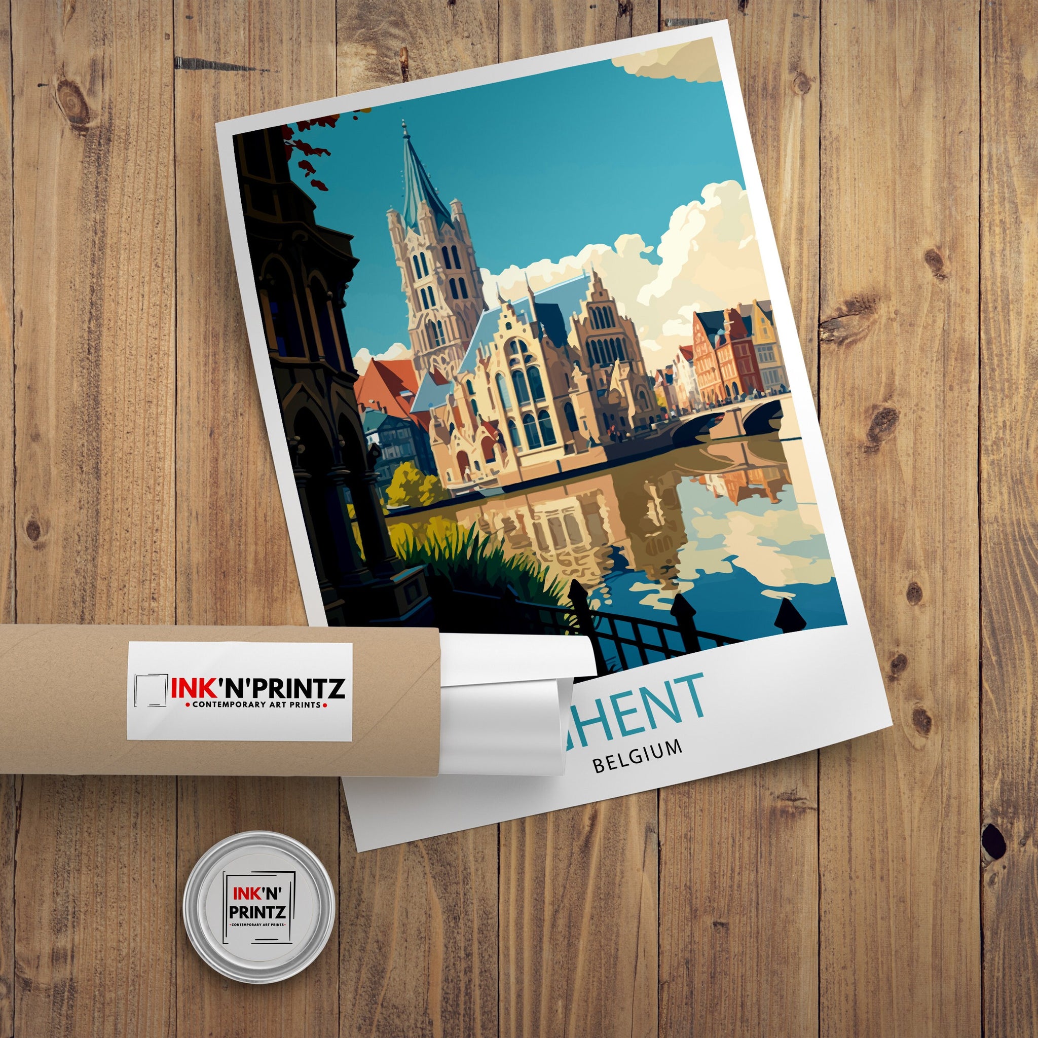 Ghent Belgium Travel Poster, Illustrated City View