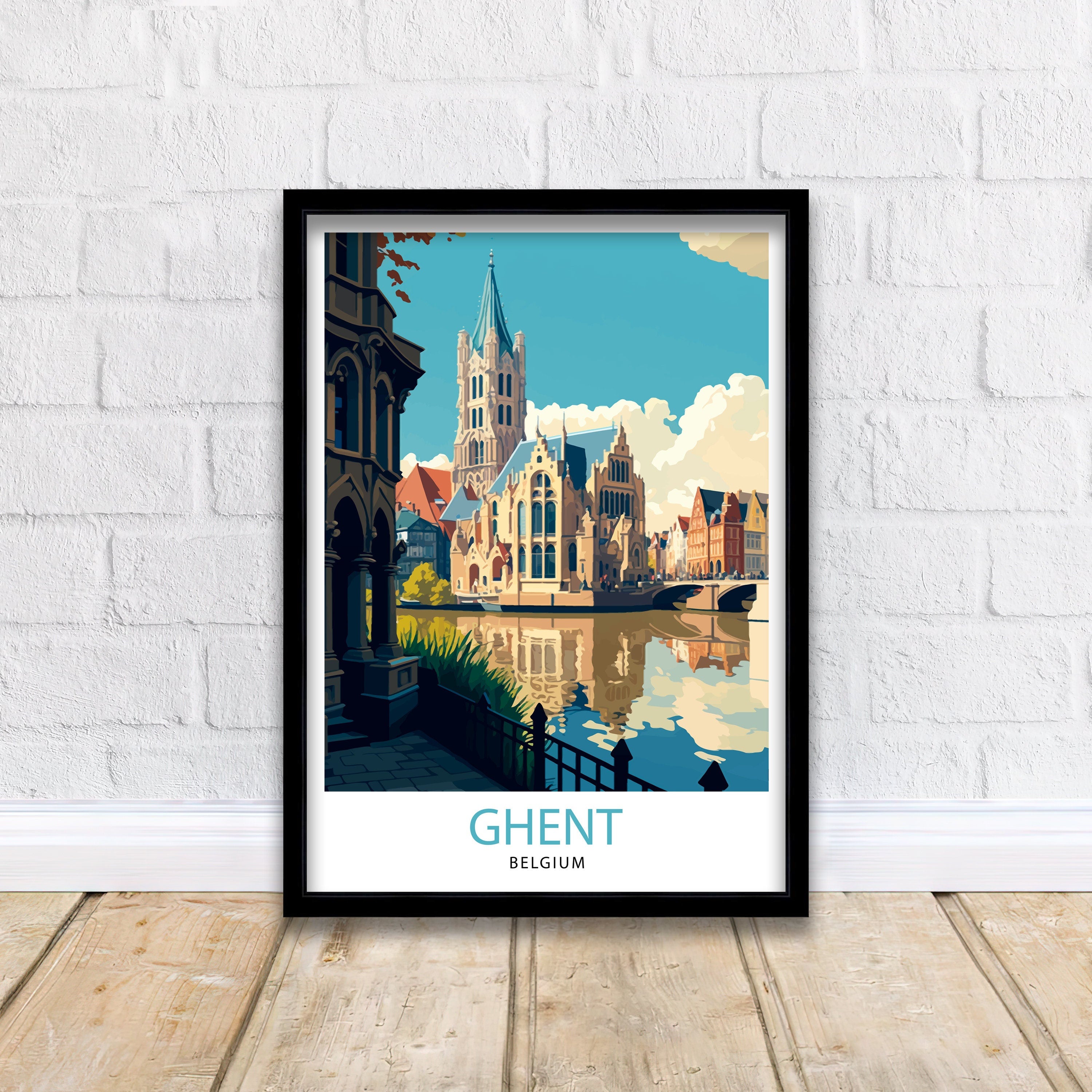 Ghent Belgium Travel Poster, Illustrated City View