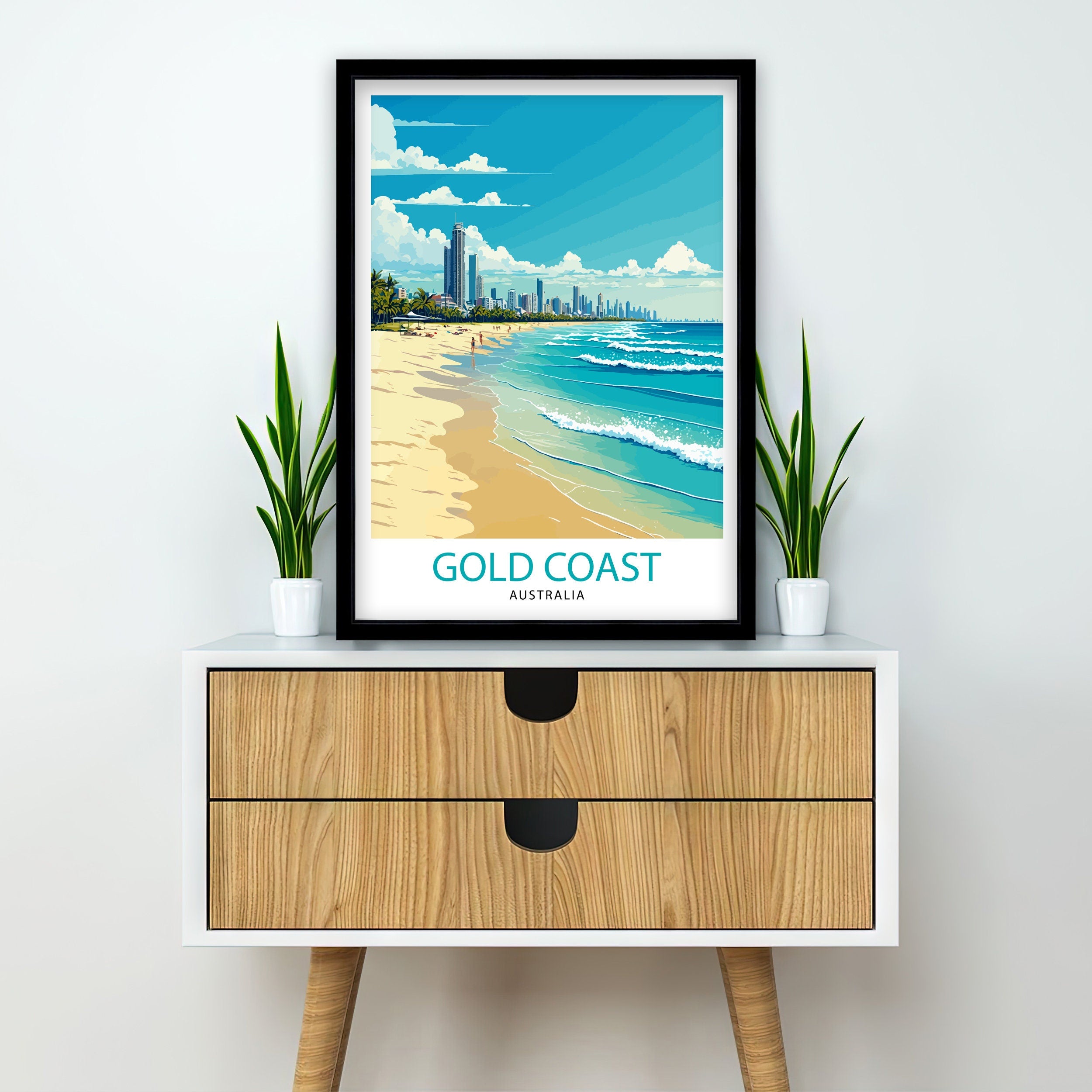 Gold Coast Australia Travel Poster, Beach Illustration