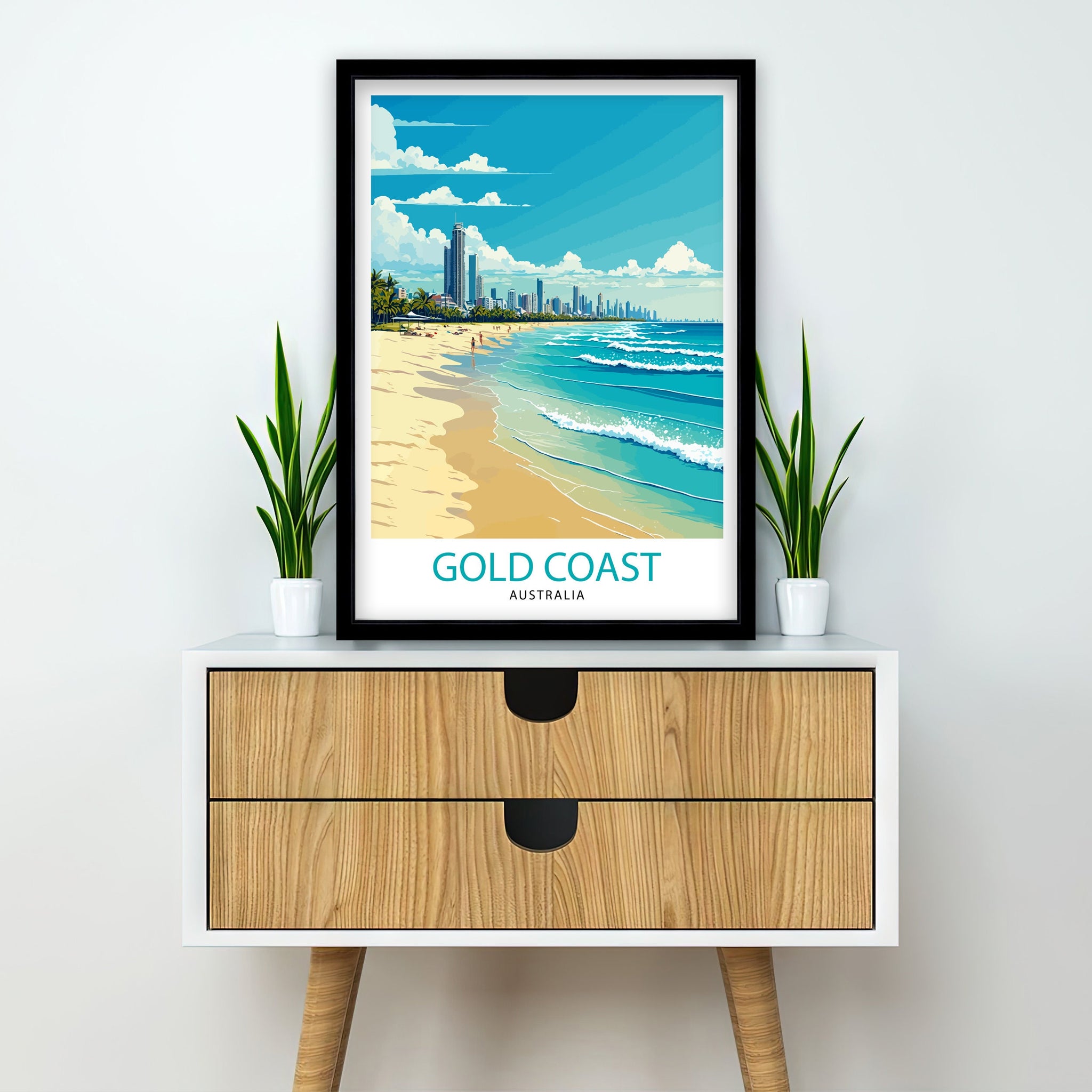 Gold Coast Australia Travel Poster, Beach Illustration