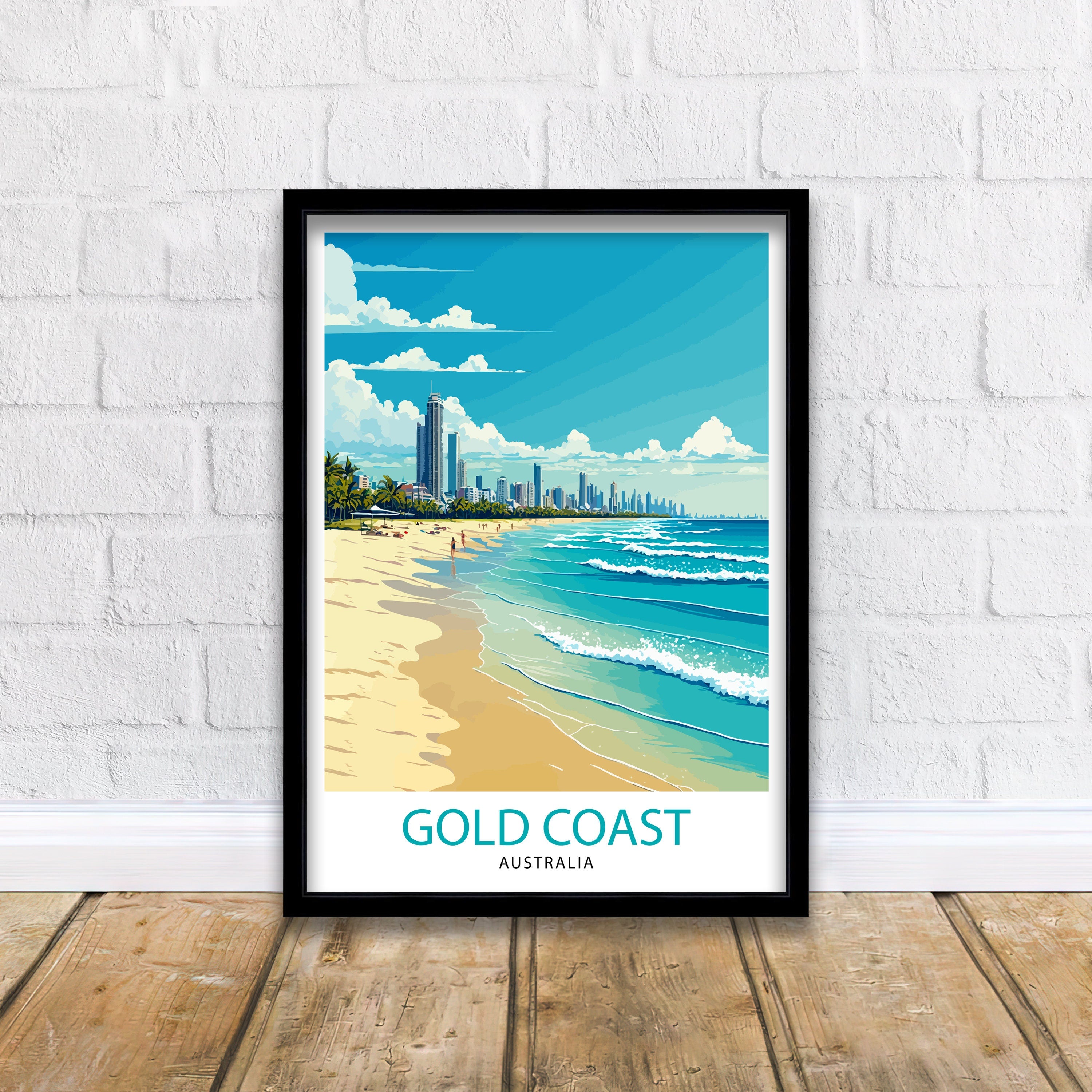 Gold Coast Australia Travel Poster, Beach Illustration