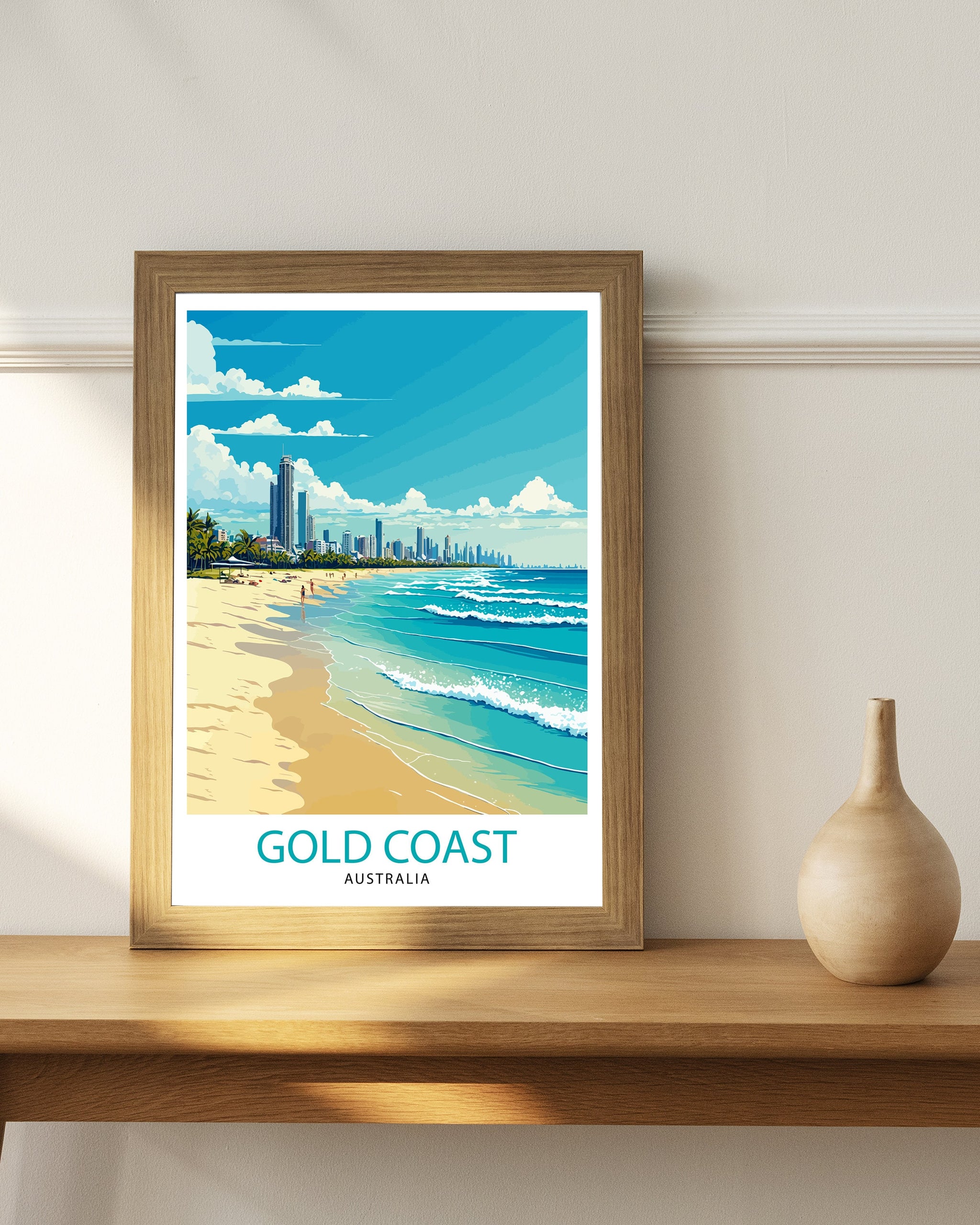 Gold Coast Australia Travel Poster, Beach Illustration