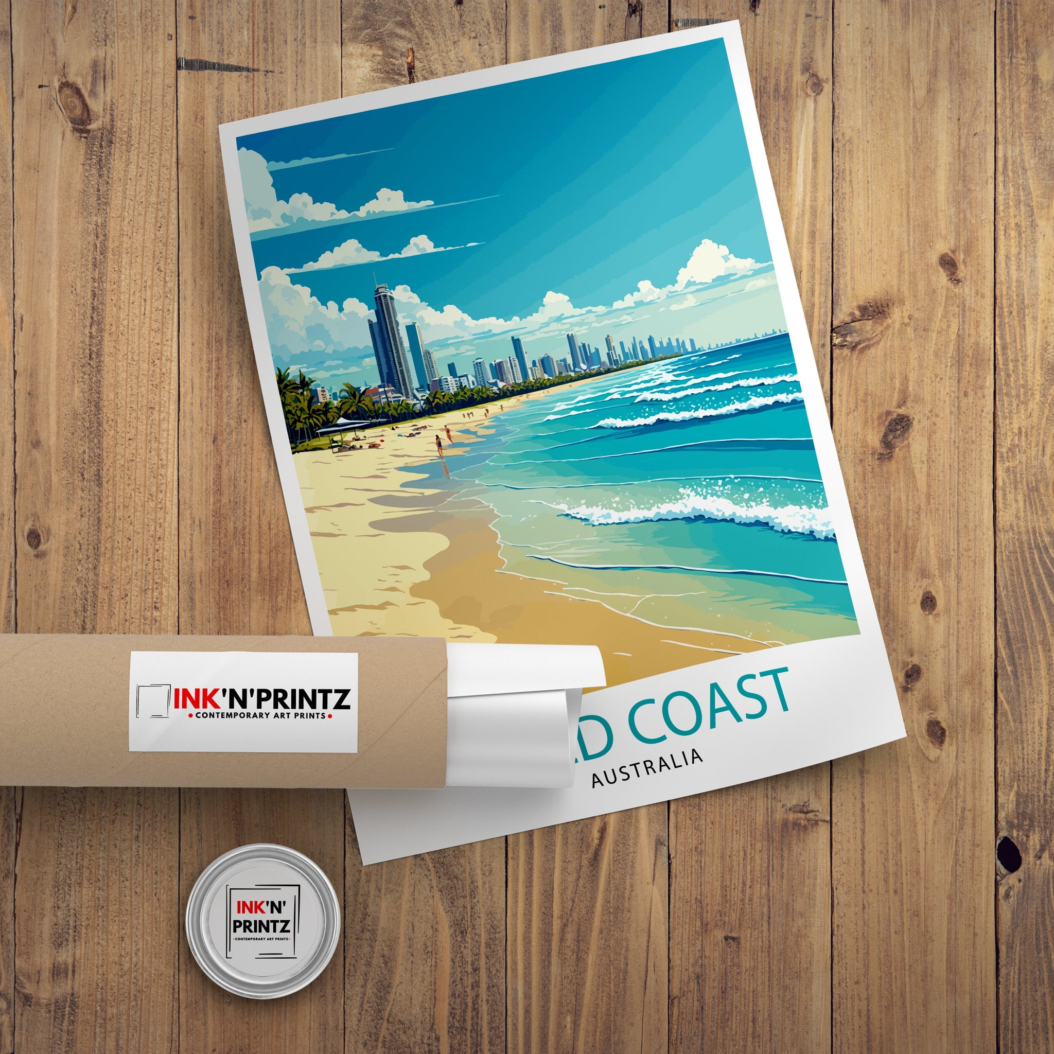 Gold Coast Australia Travel Poster, Beach Illustration