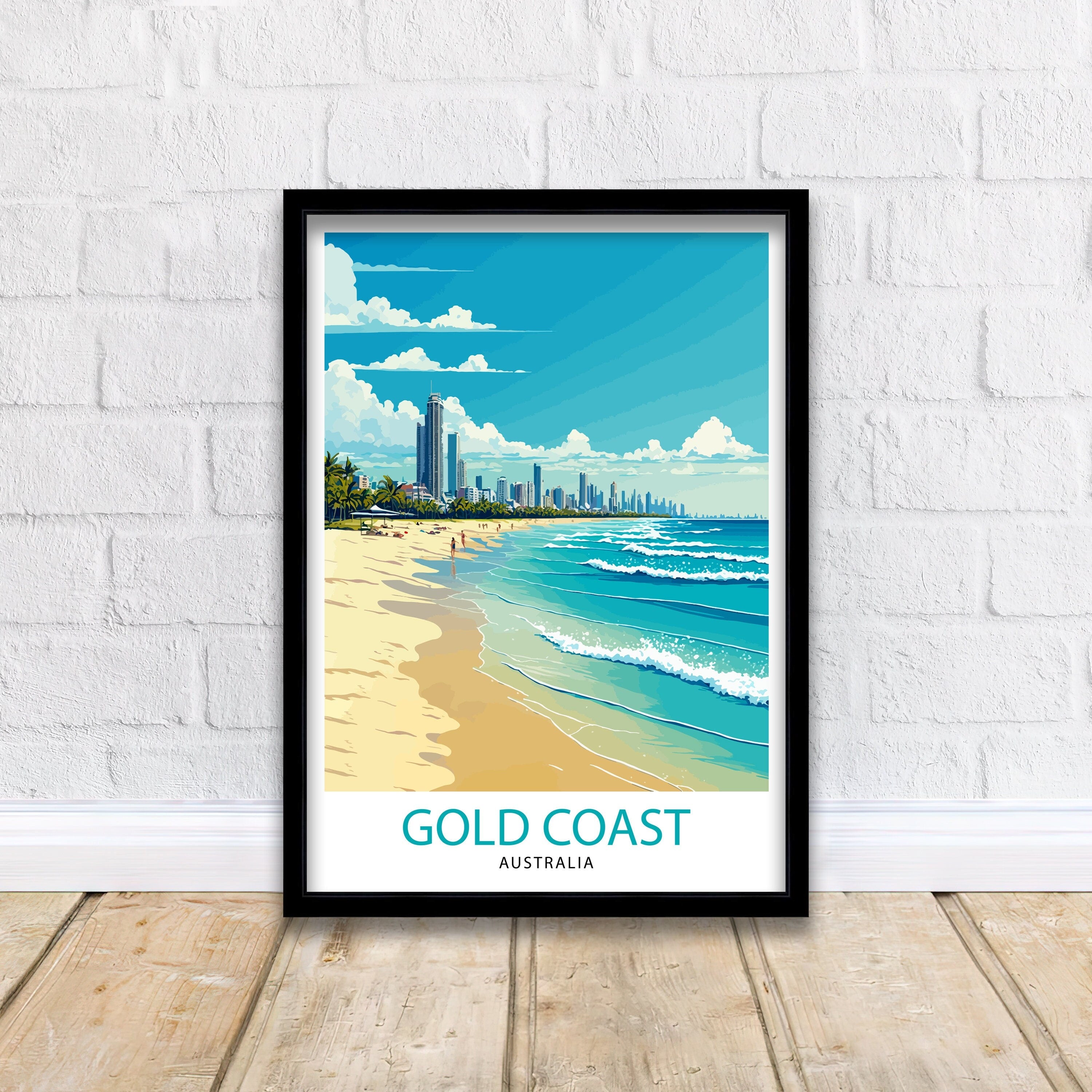 Gold Coast Australia Travel Poster, Beach Illustration