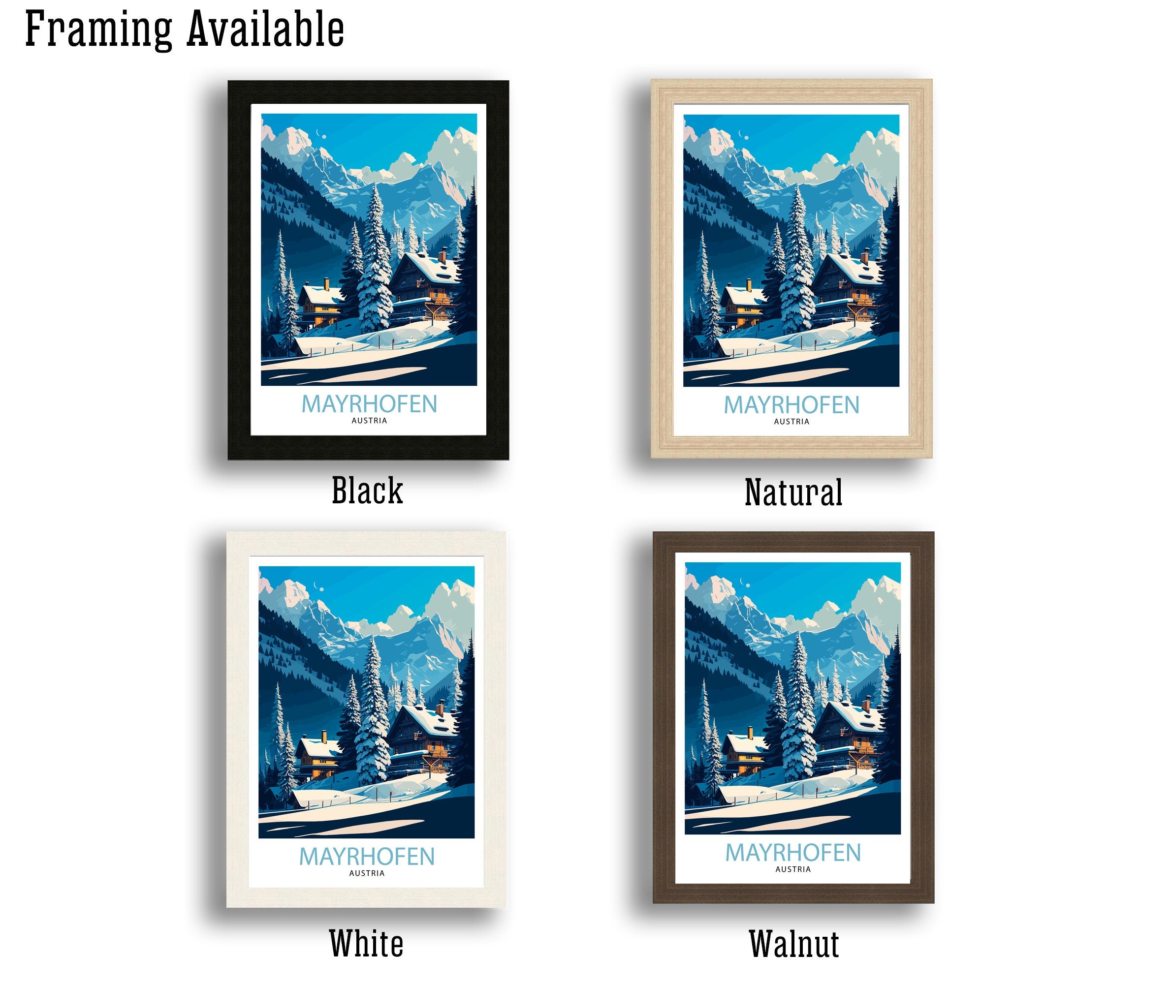 Mayrhofen Austria Travel Poster, Winter Mountain Scene