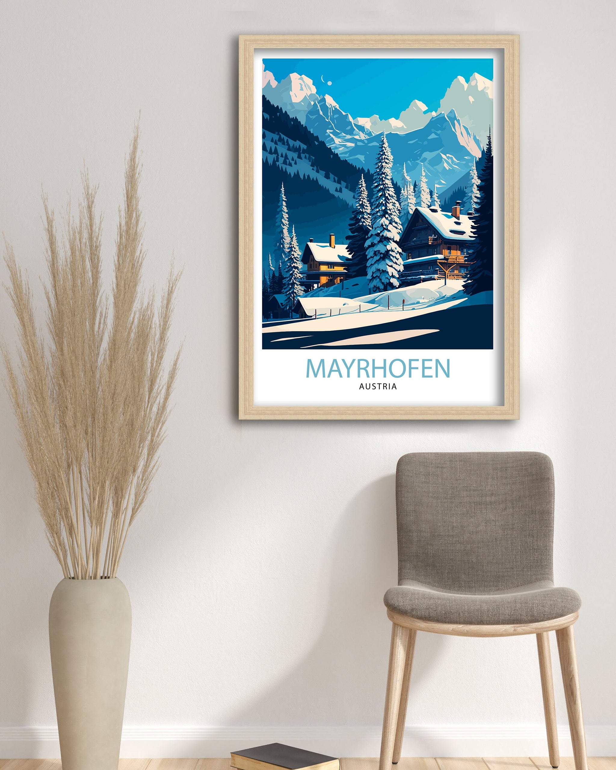 Mayrhofen Austria Travel Poster, Winter Mountain Scene
