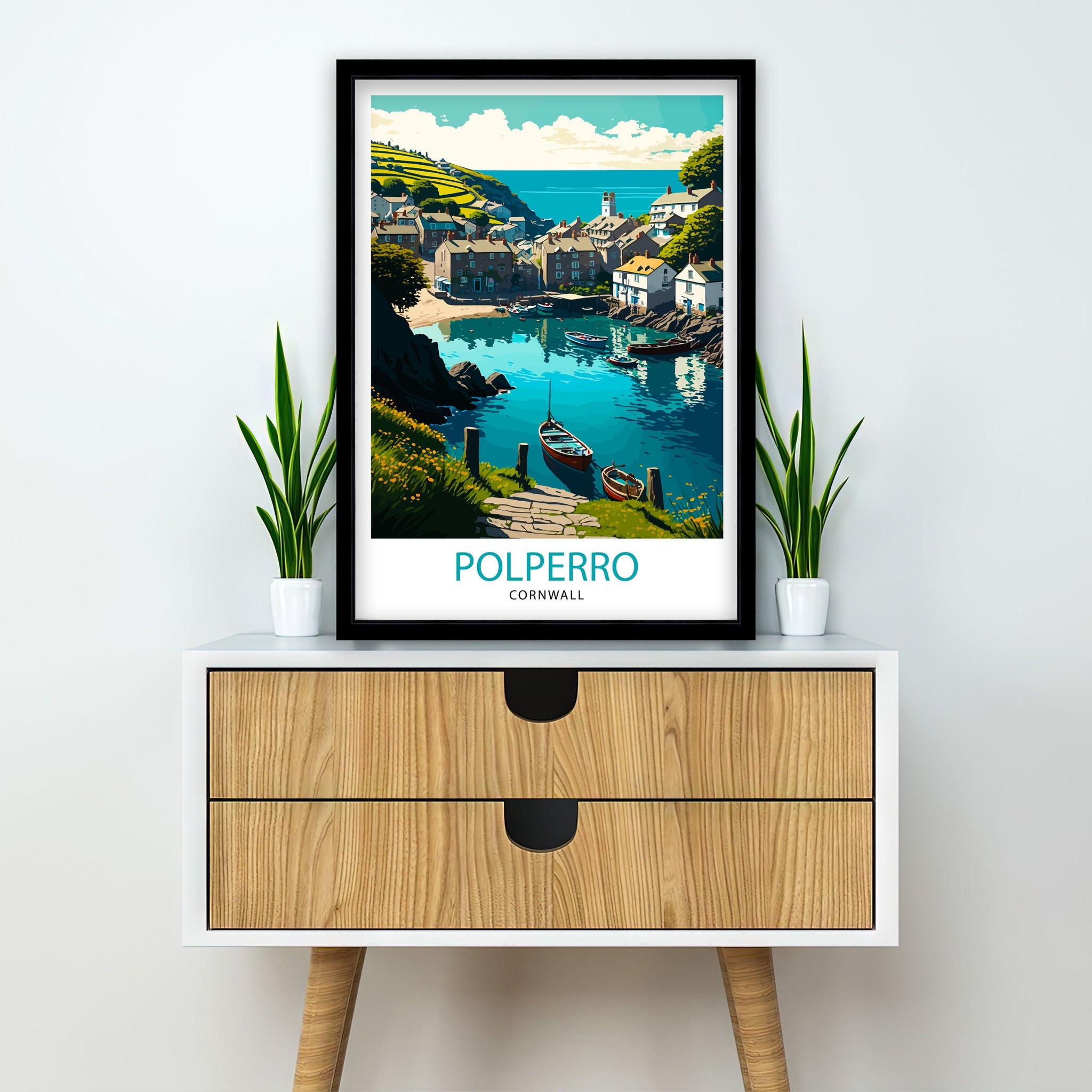 Polperro Cornwall Art Print, Coastal Village Illustration