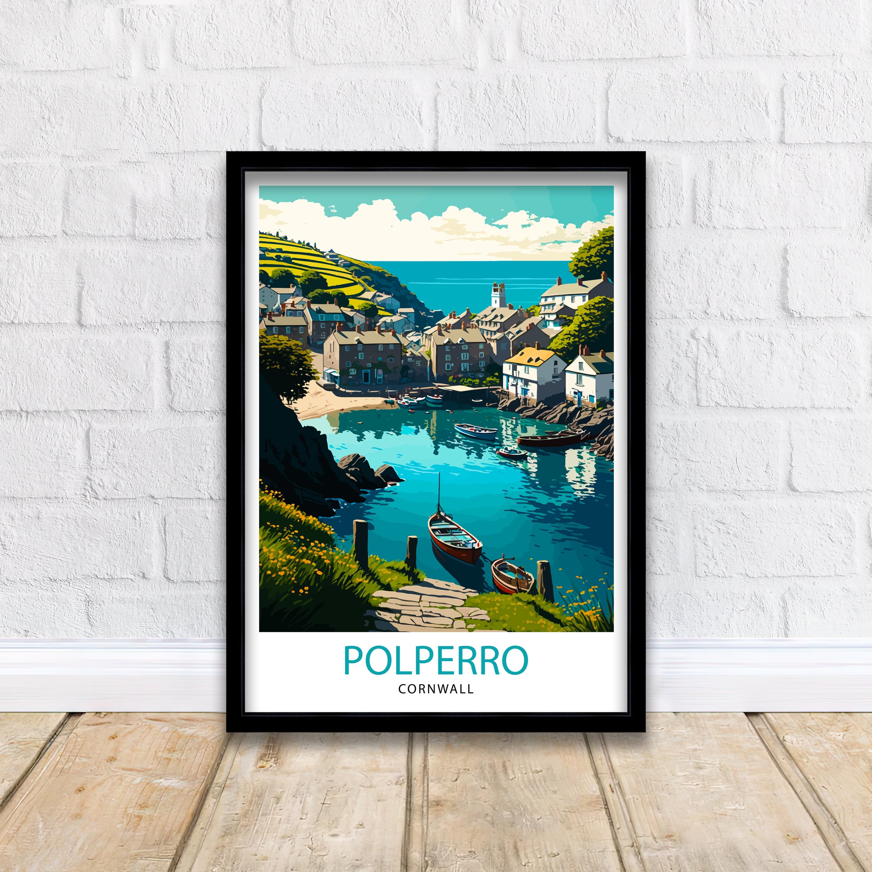 Polperro Cornwall Art Print, Coastal Village Illustration