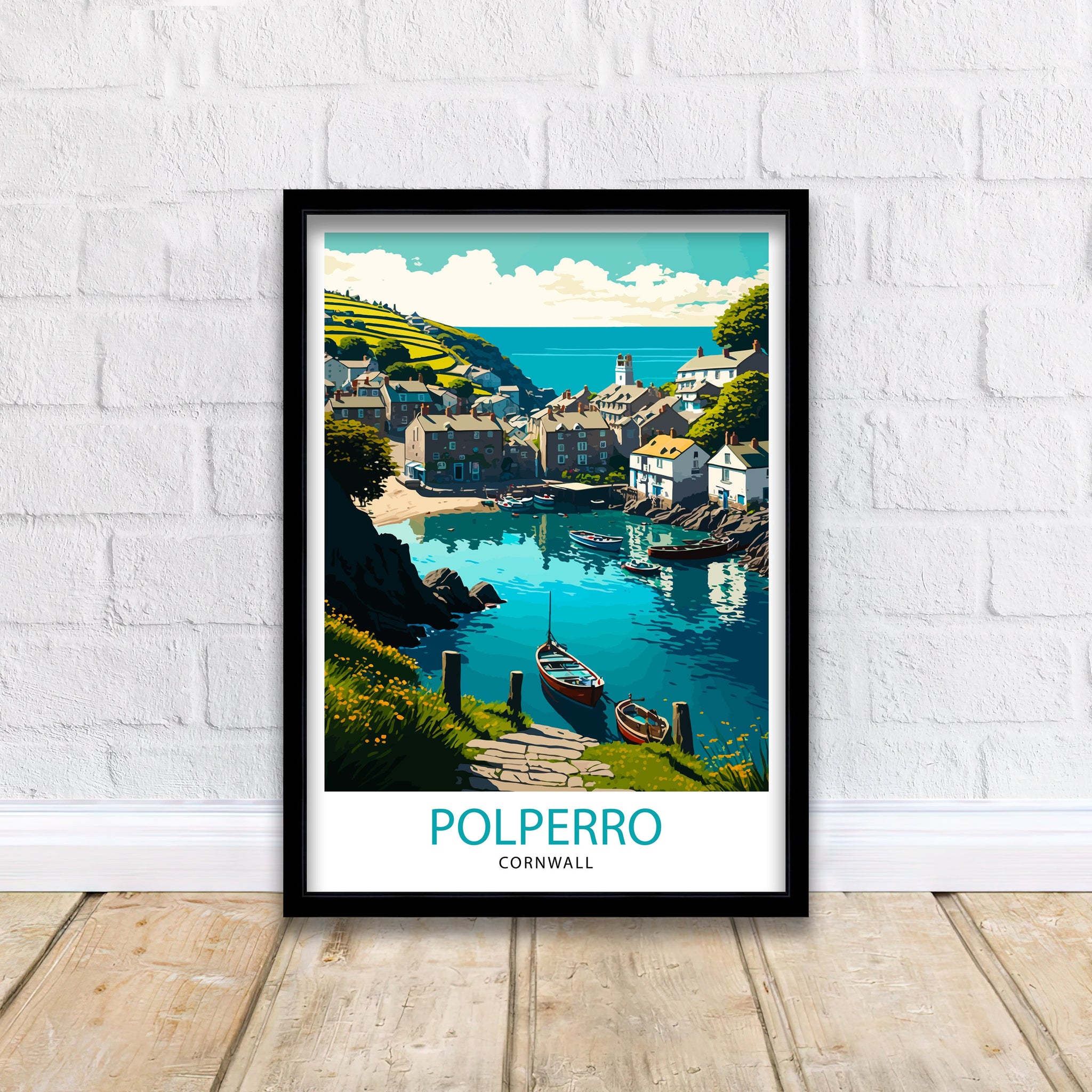 Polperro Cornwall Art Print, Coastal Village Illustration