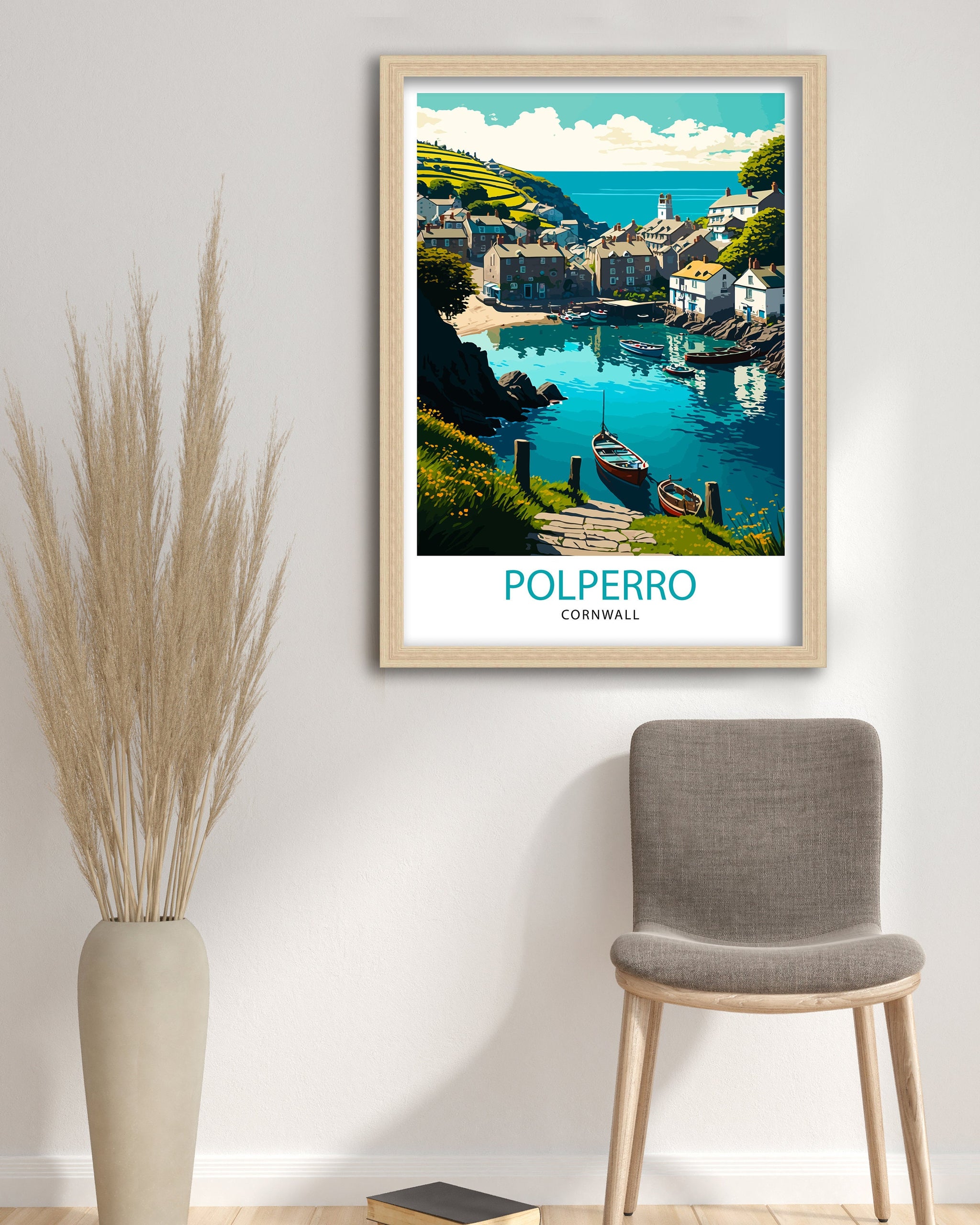 Polperro Cornwall Art Print, Coastal Village Illustration