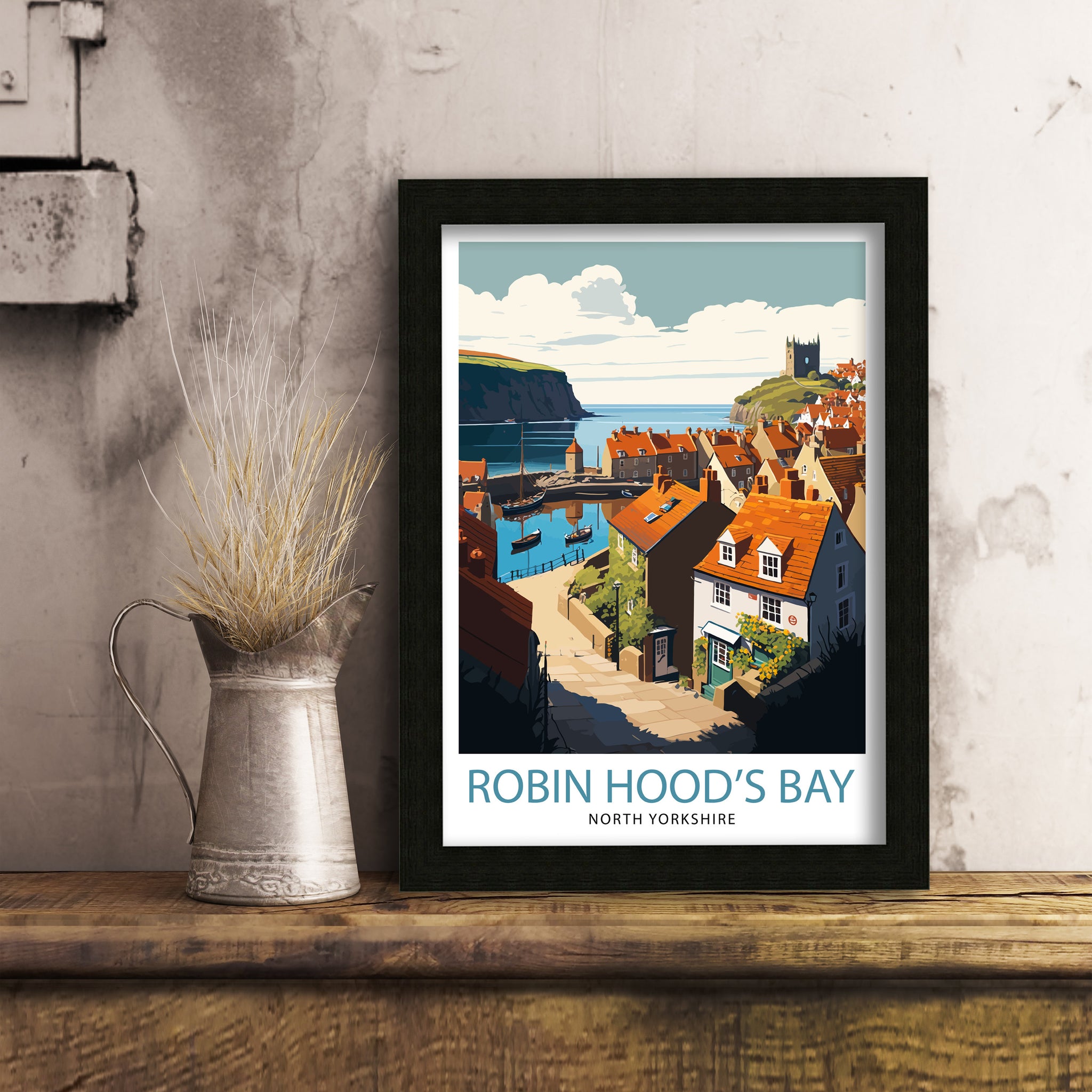 Robin Hood's Bay Art Print, Yorkshire Coastal Town Illustration