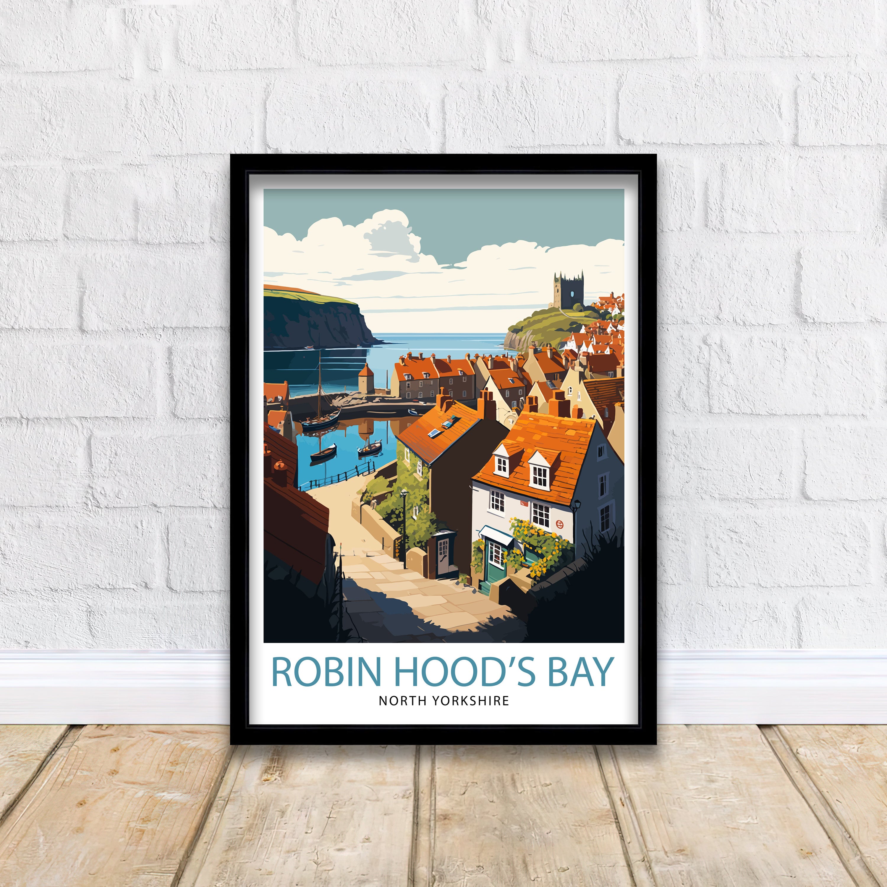 Robin Hood's Bay Art Print, Yorkshire Coastal Town Illustration