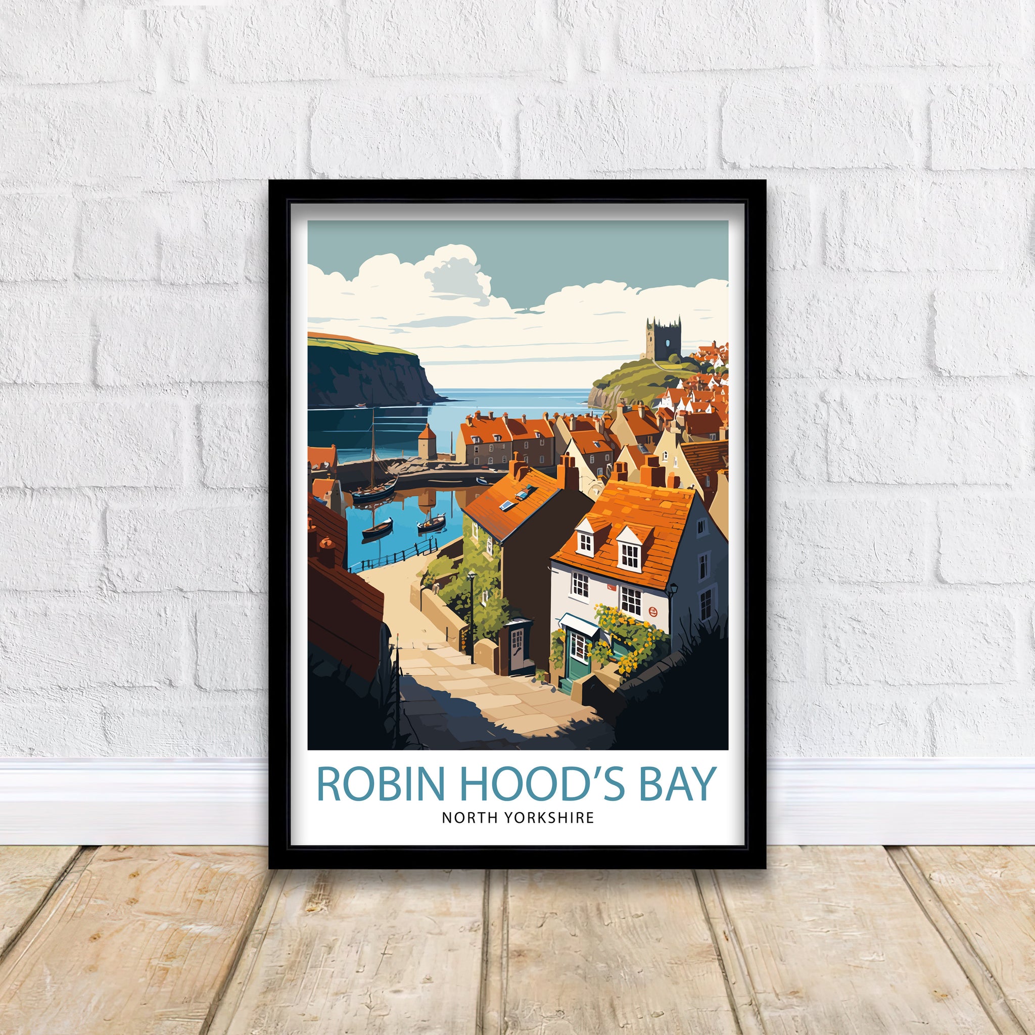 Robin Hood's Bay Art Print, Yorkshire Coastal Town Illustration
