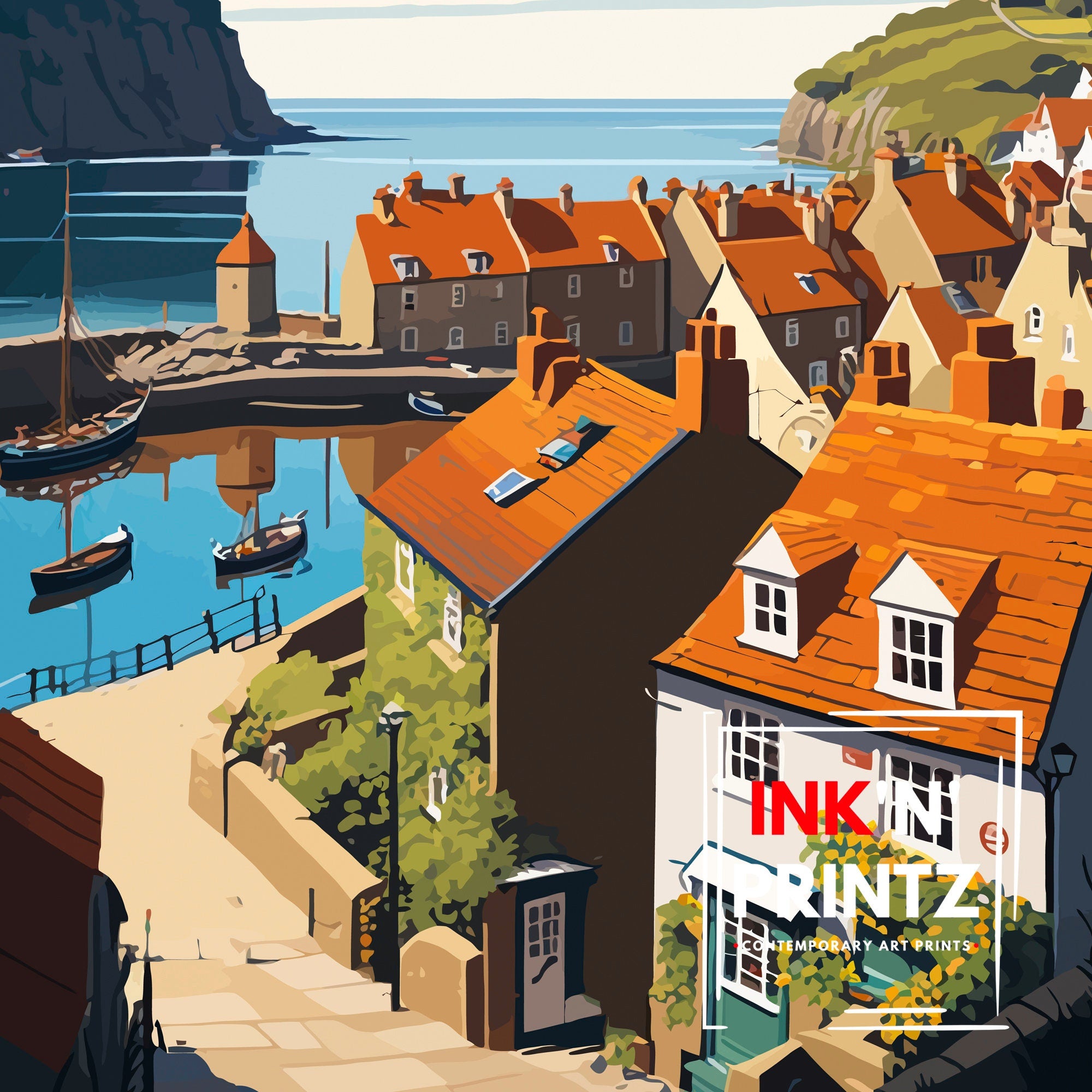 Robin Hood's Bay Art Print, Yorkshire Coastal Town Illustration
