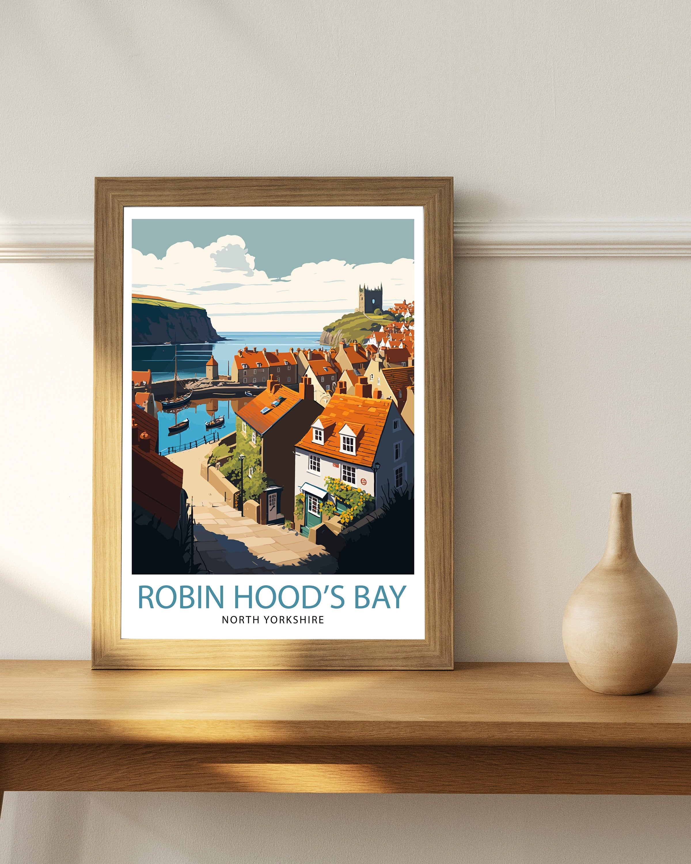 Robin Hood's Bay Art Print, Yorkshire Coastal Town Illustration