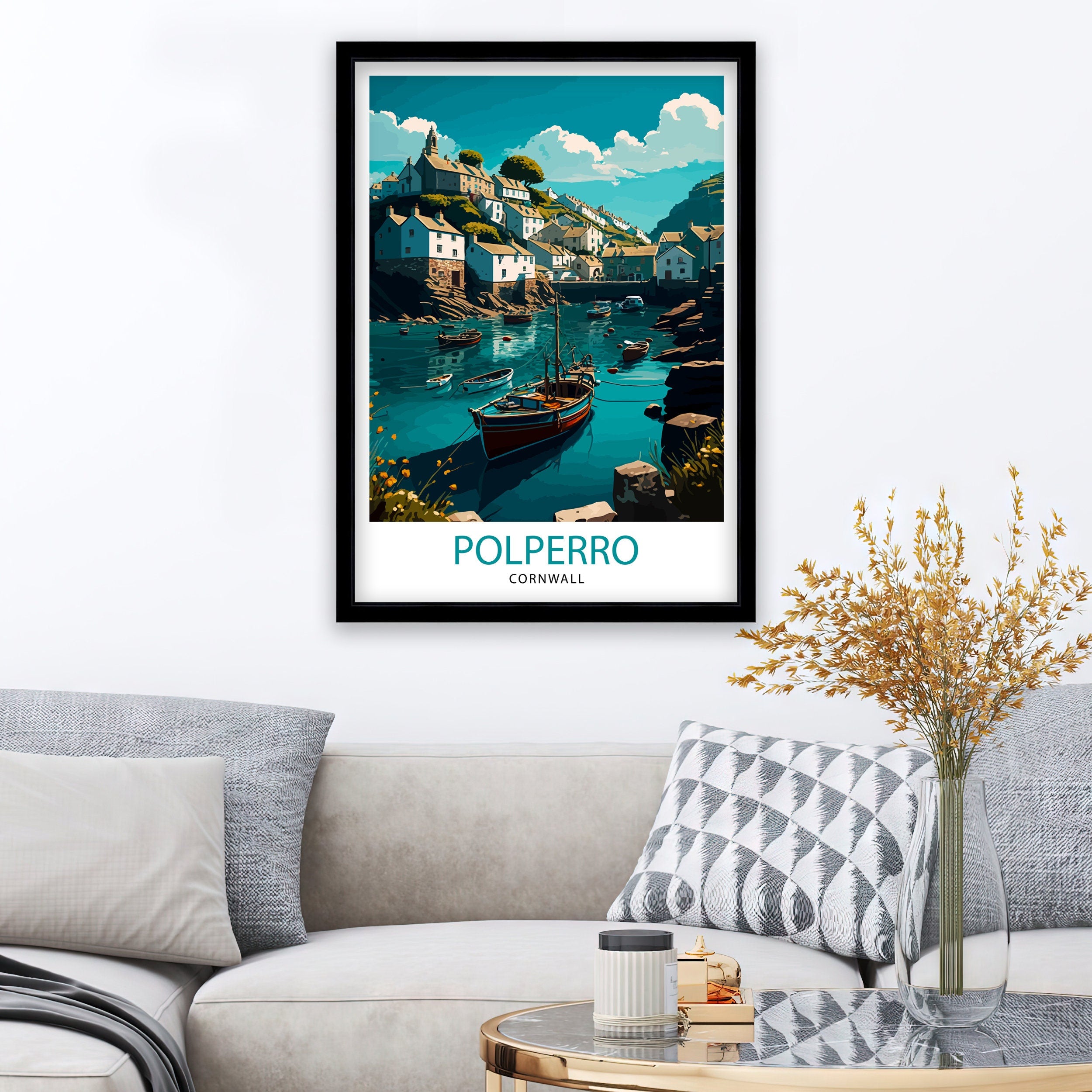 Polperro Cornwall Art Print, Coastal Village Illustration