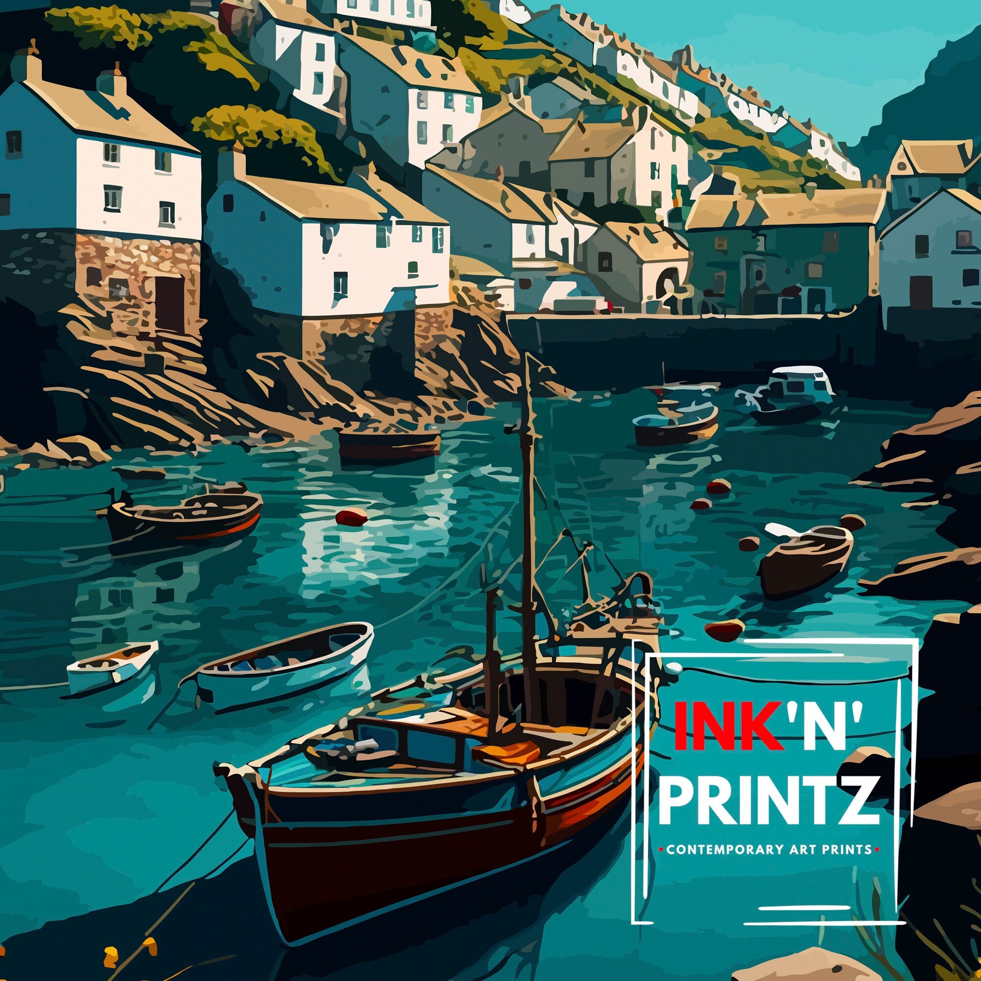 Polperro Cornwall Art Print, Coastal Village Illustration