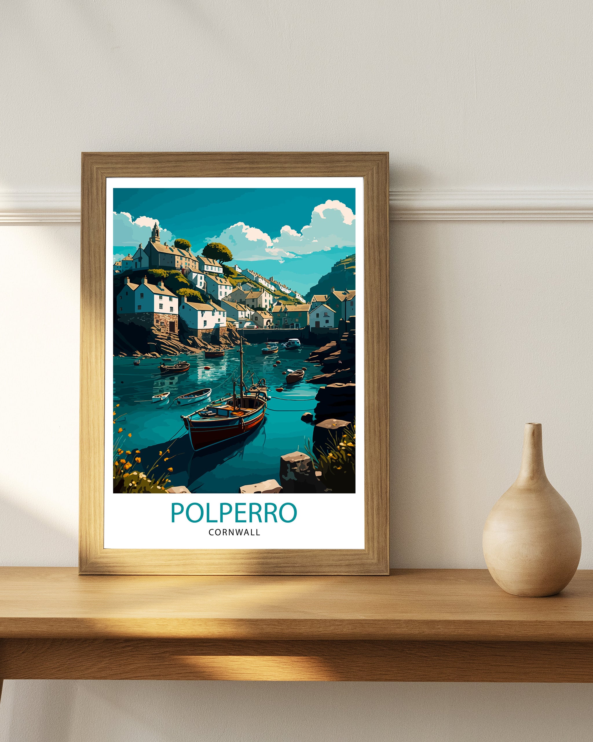 Polperro Cornwall Art Print, Coastal Village Illustration