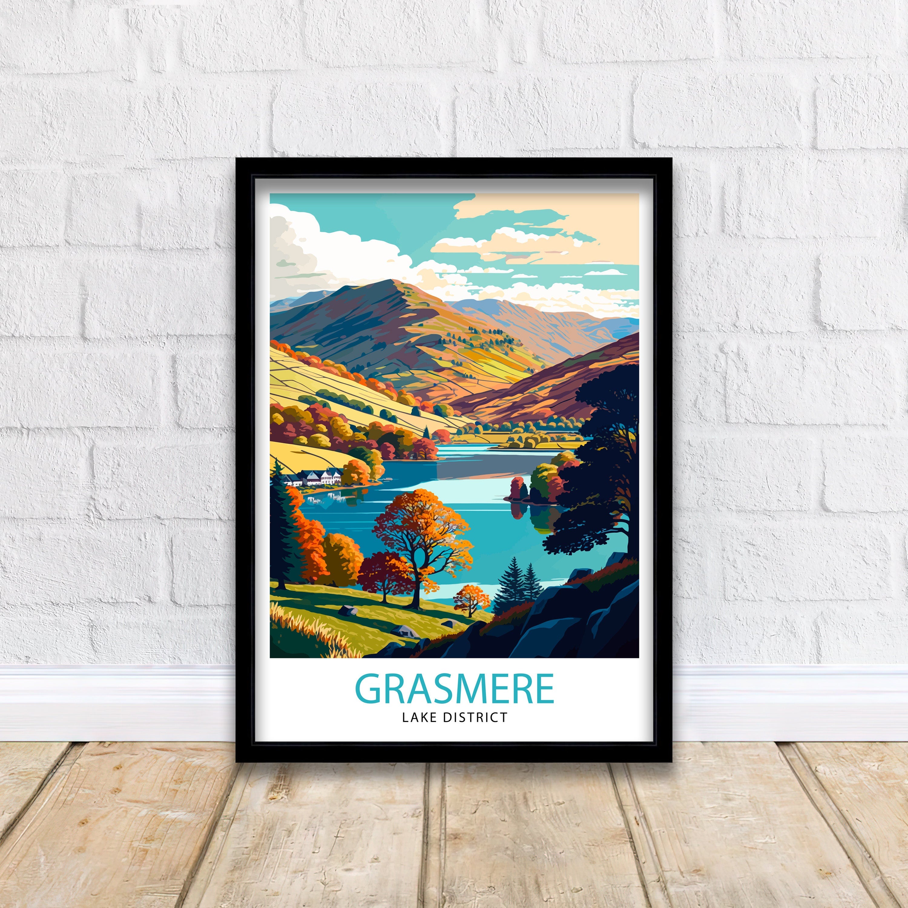 Grasmere Lake District Illustration Print, Travel Poster