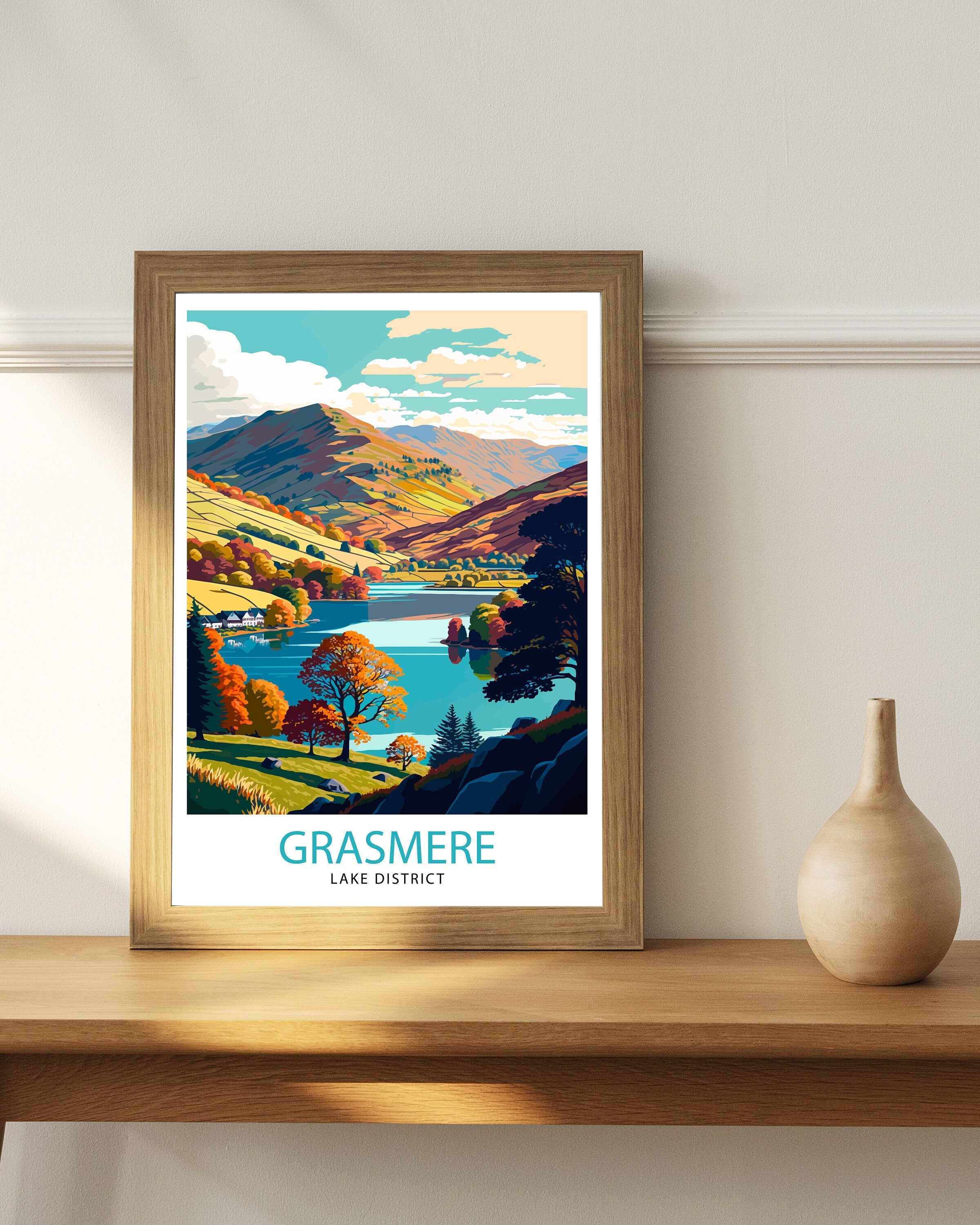 Grasmere Lake District Illustration Print, Travel Poster