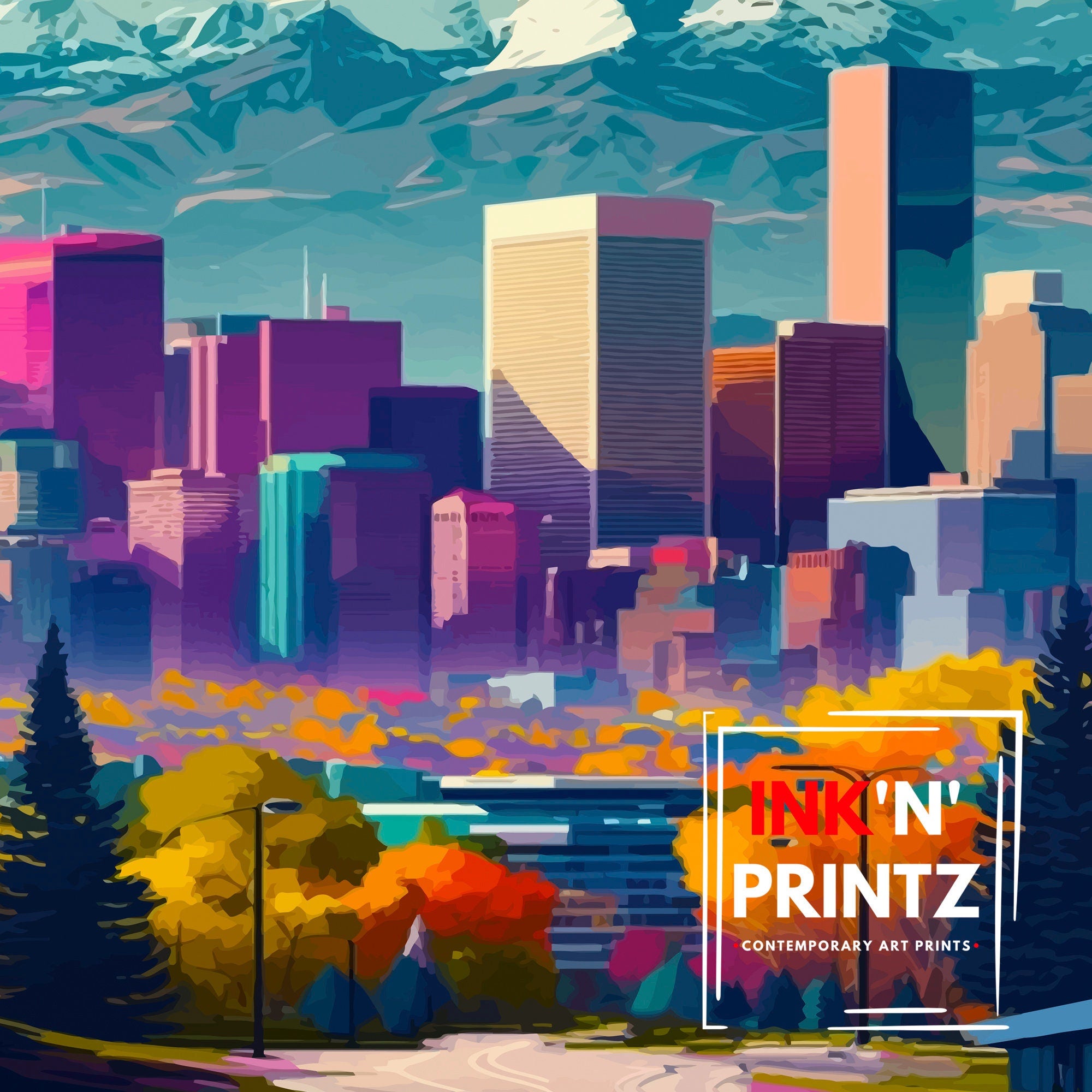 Denver Cityscape Print | Colorful Colorado Travel Poster