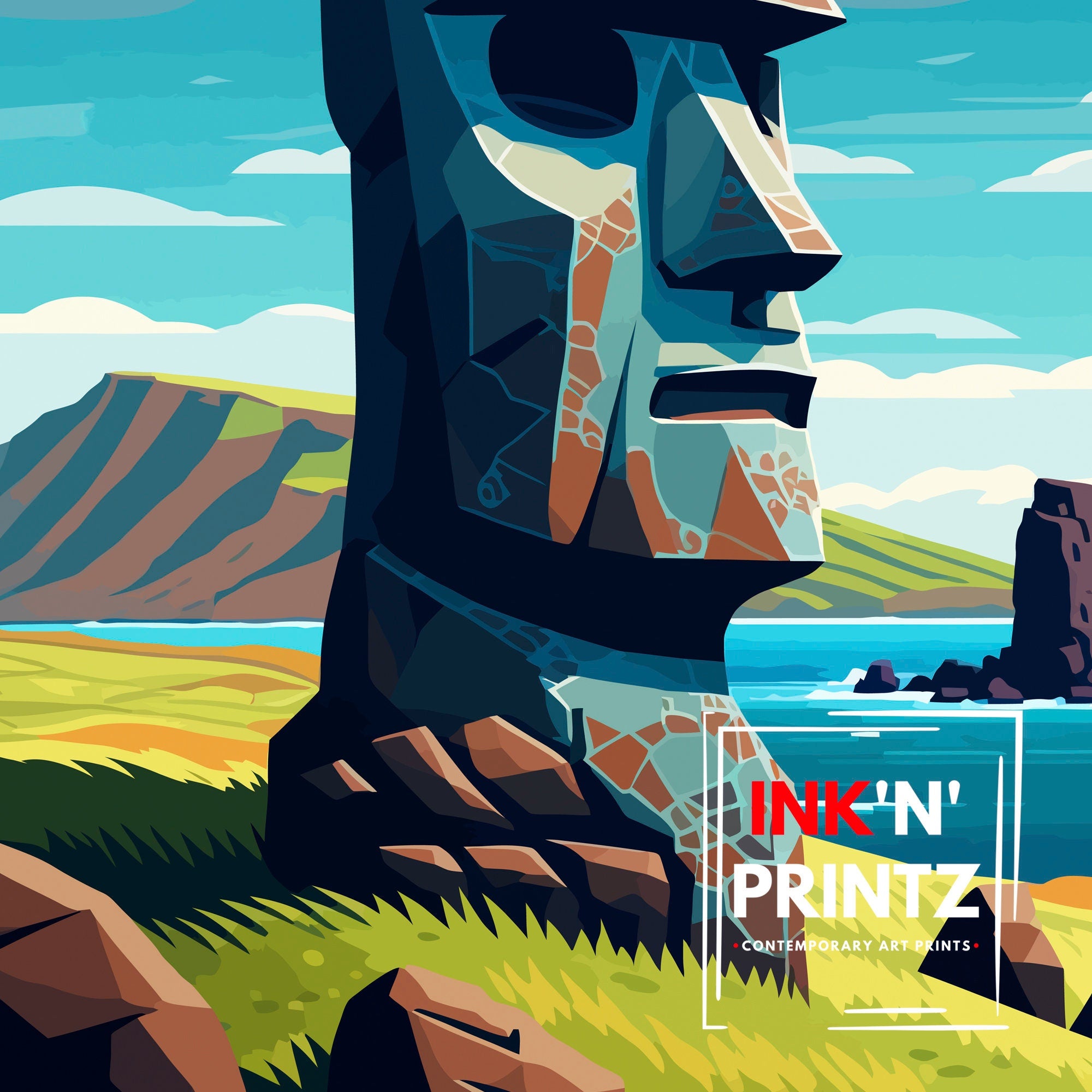 Easter Island Moai Print, Chile Travel Poster