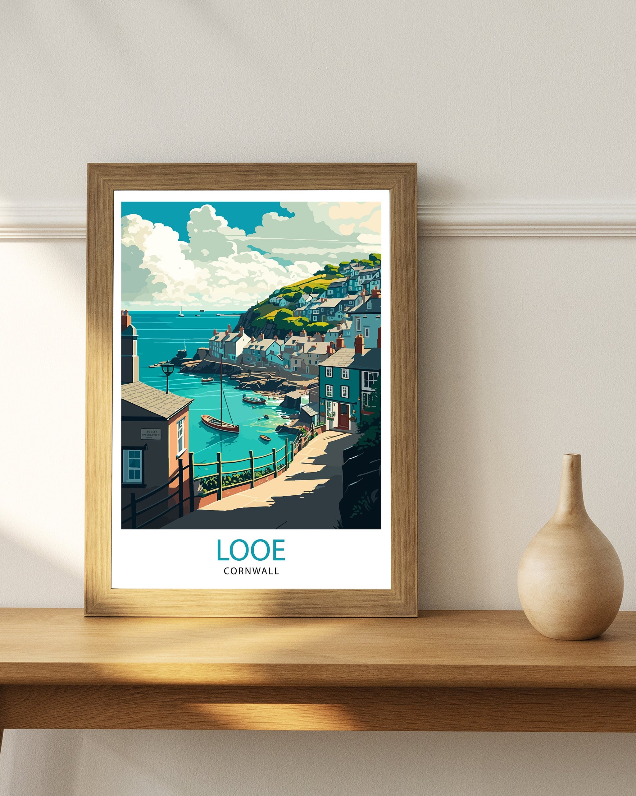 Looe Cornwall Travel Poster, Coastal Harbor Art Print