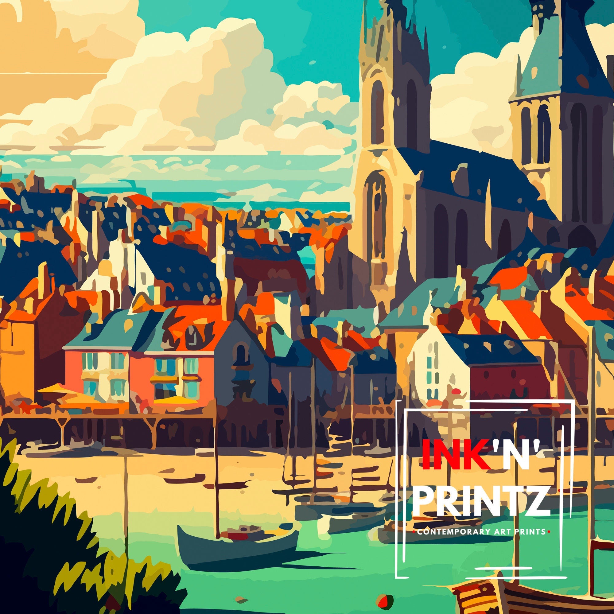 Normandy France Illustration Print, Coastal Village Art