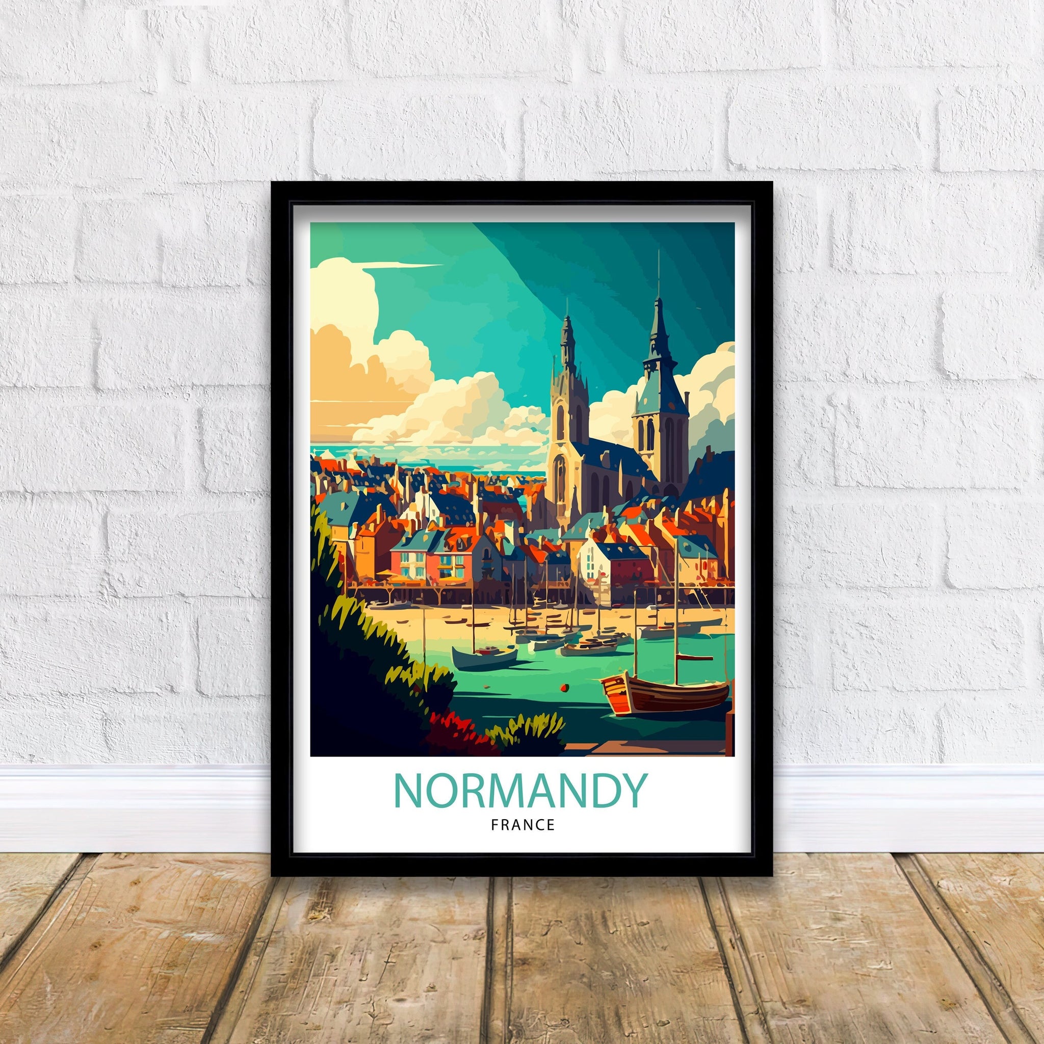 Normandy France Illustration Print, Coastal Village Art
