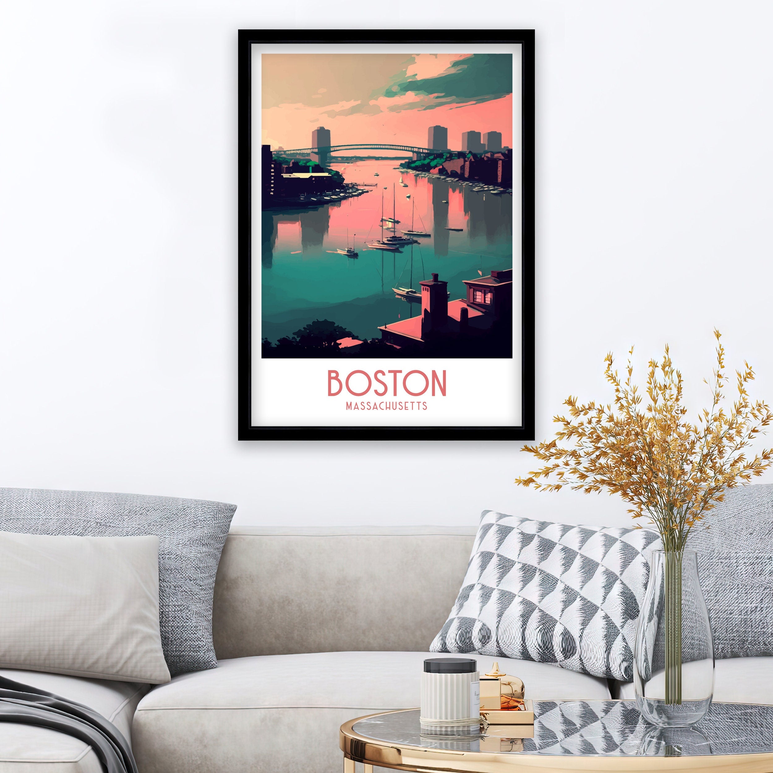 Boston Skyline Print | Modern Travel Poster, Boston Home Decor