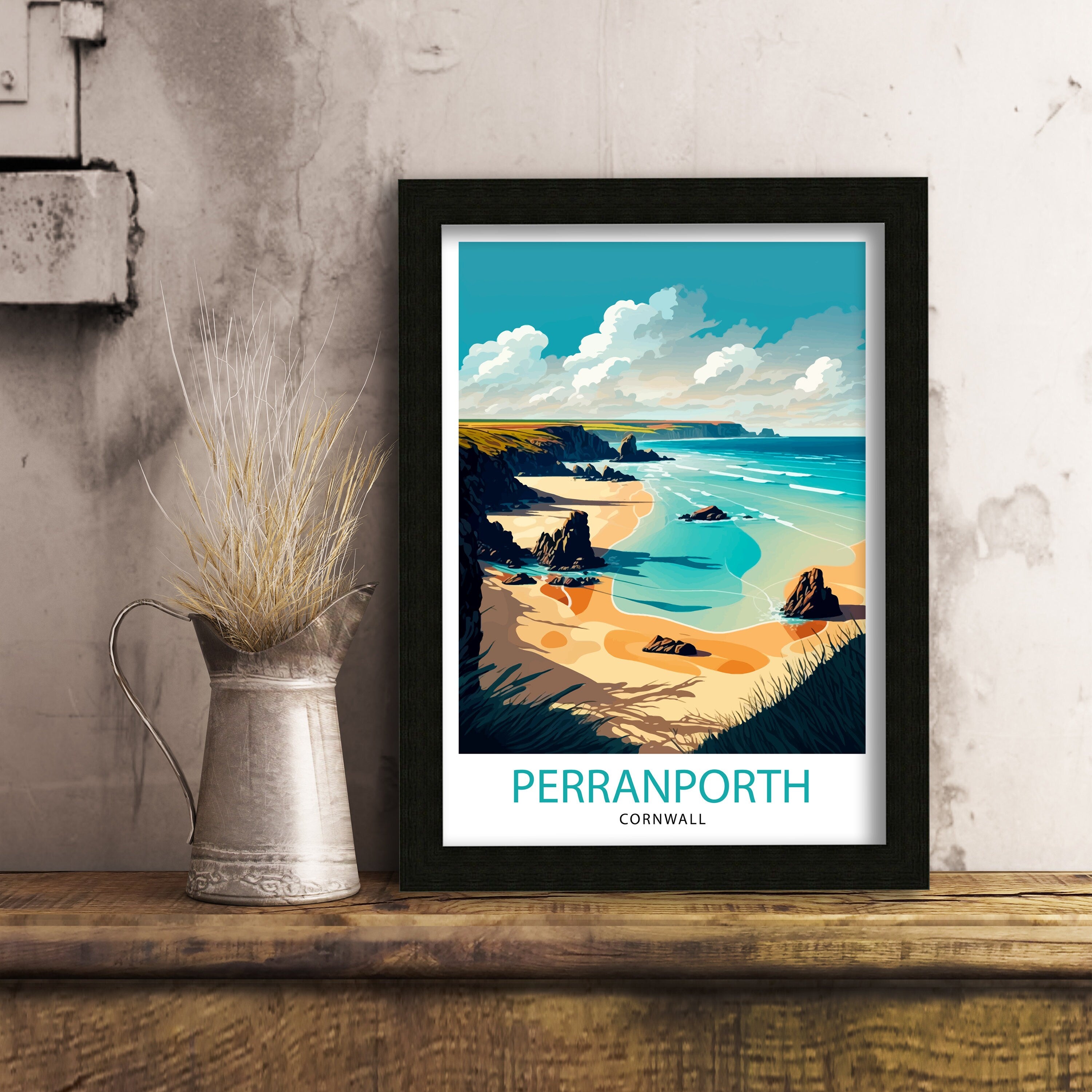 Perranporth Cornwall Beach Print, Coastal Travel Poster