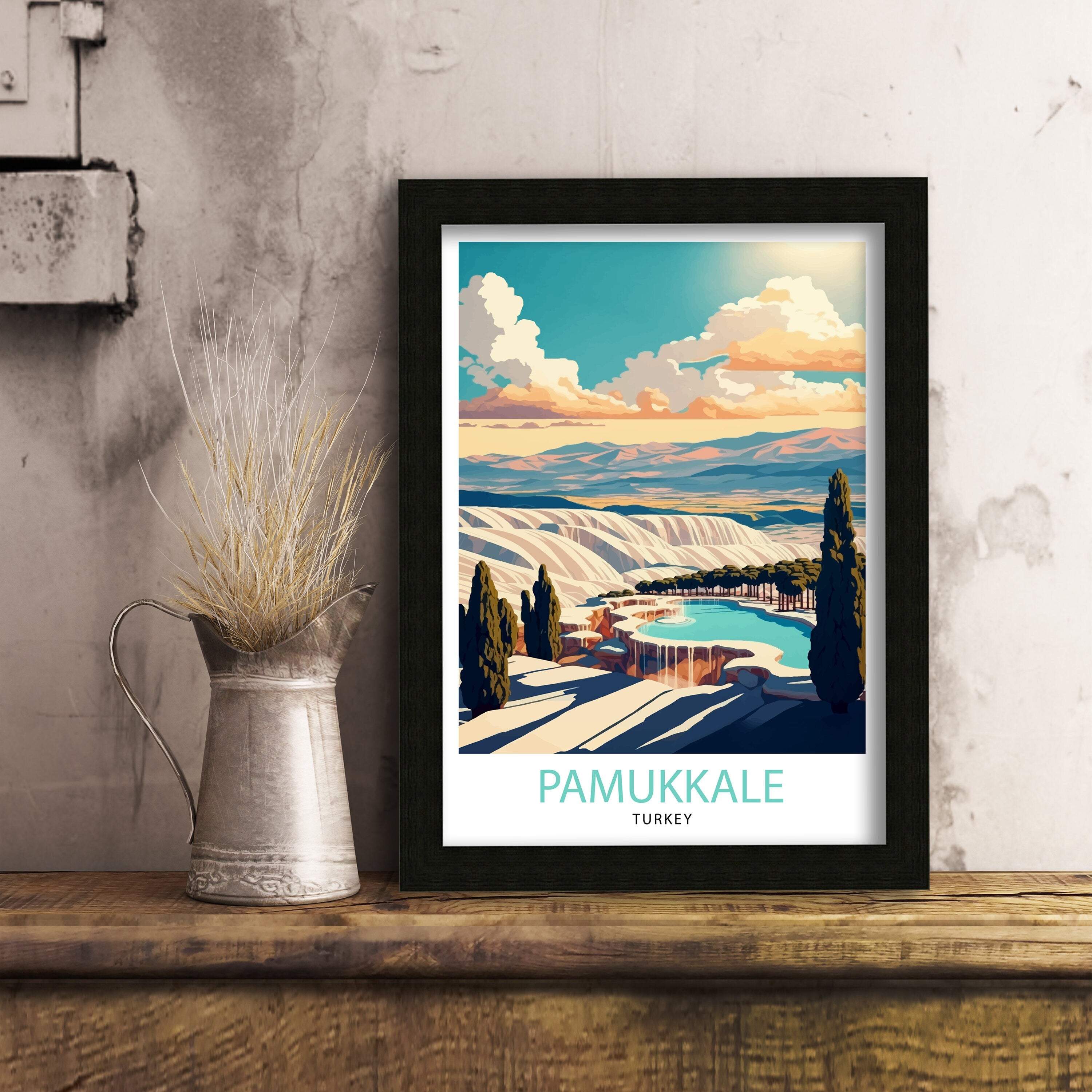 Pamukkale Turkey Travel Poster, Travertine Hot Springs Art Print