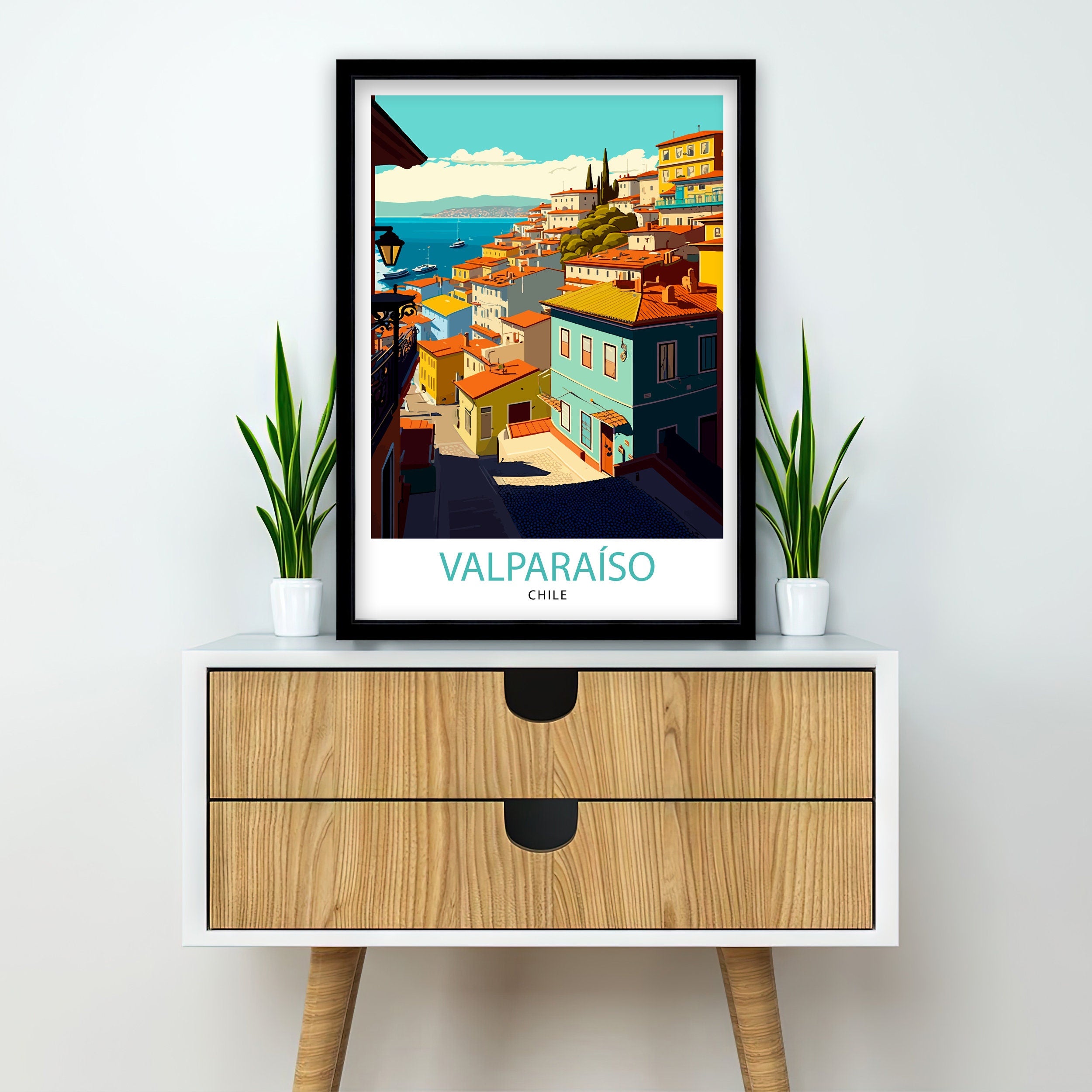 Valparaíso Chile Travel Print, Colorful Cityscape Illustration