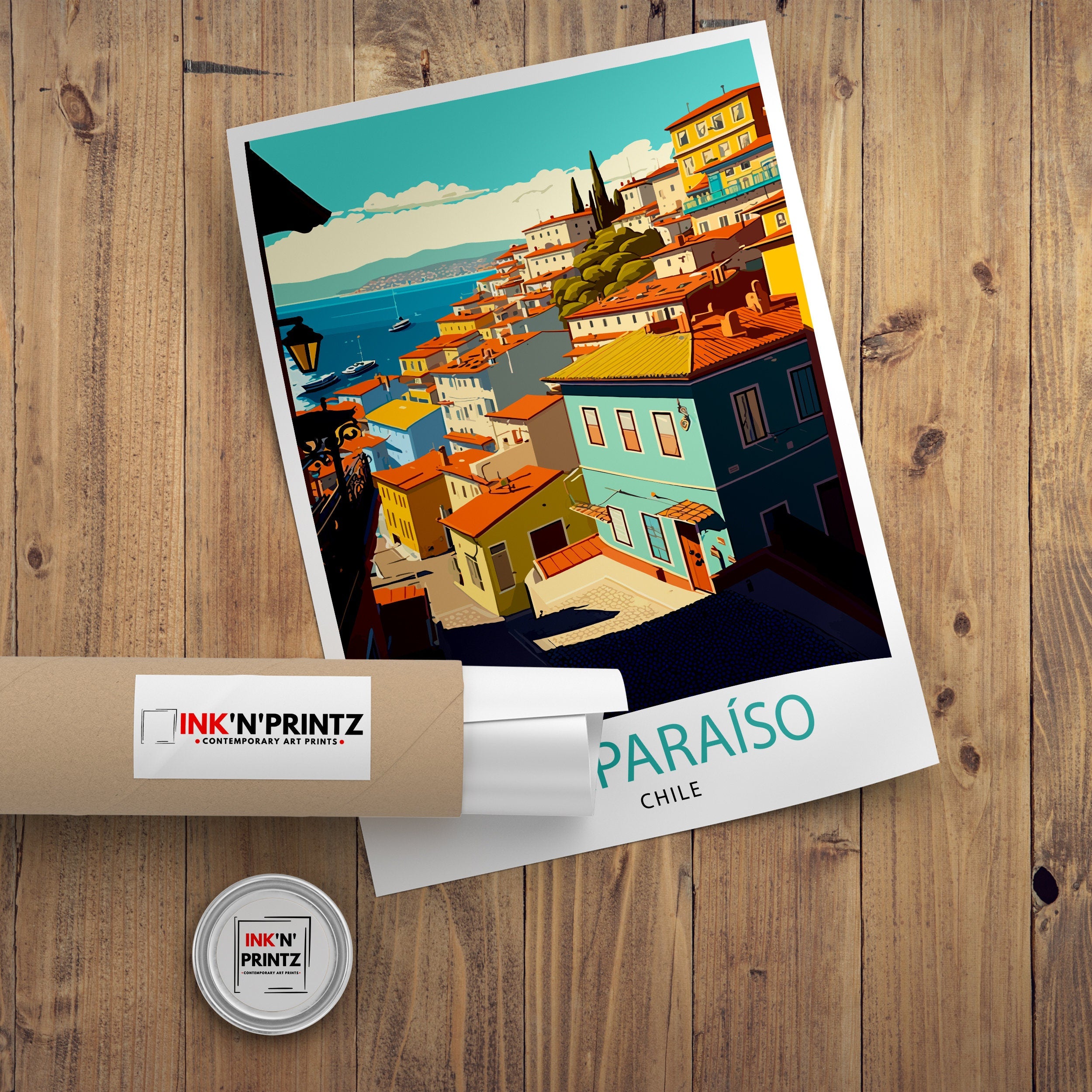 Valparaíso Chile Travel Print, Colorful Cityscape Illustration
