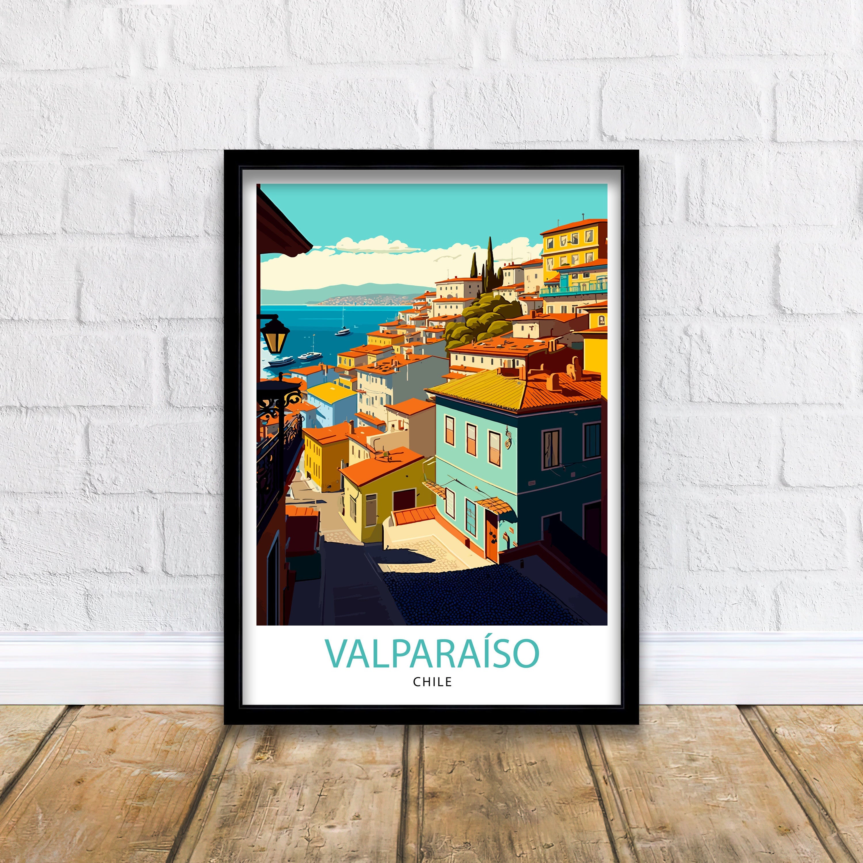 Valparaíso Chile Travel Print, Colorful Cityscape Illustration