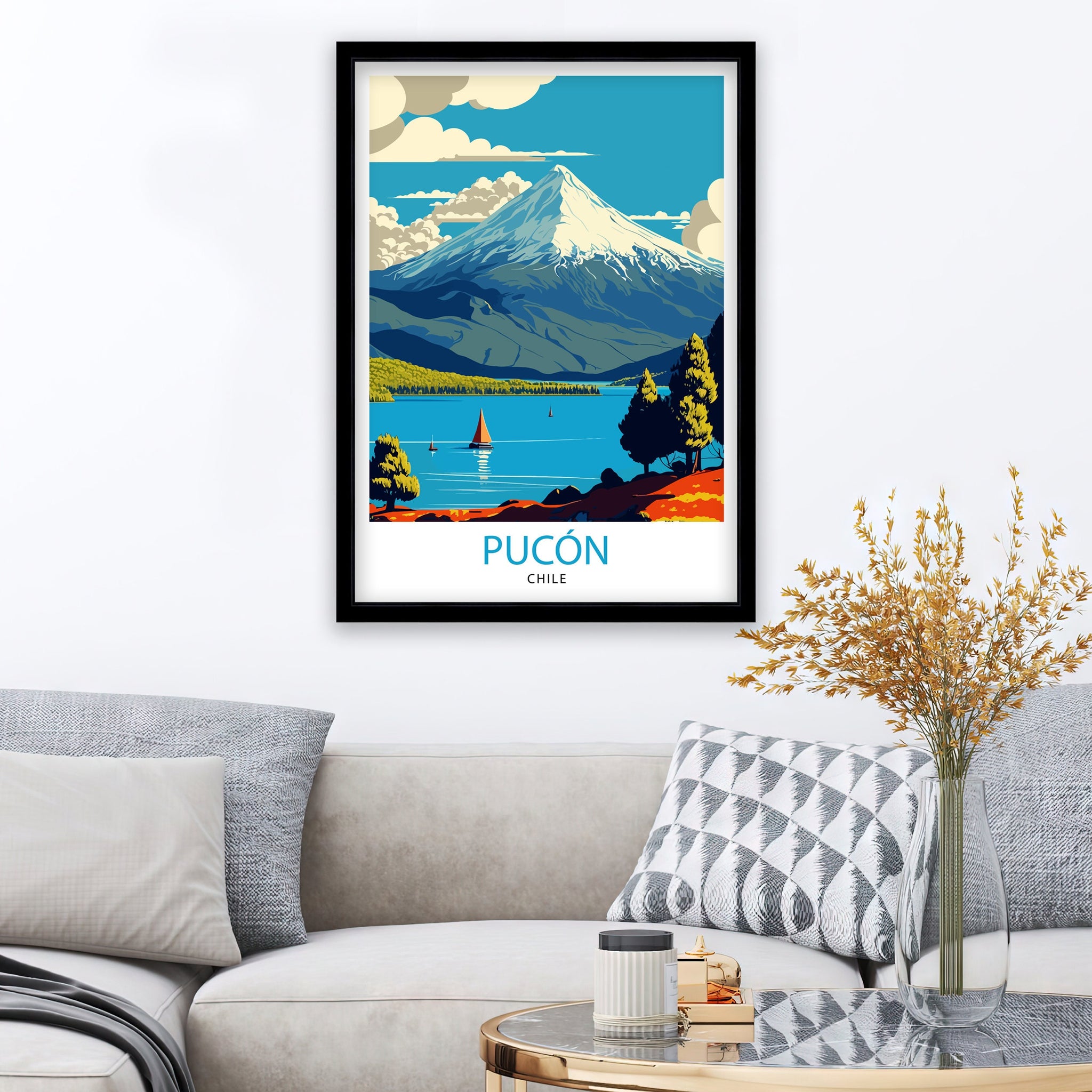 Pucon Chile Travel Poster, Villarrica Volcano, Chilean Landscape Art