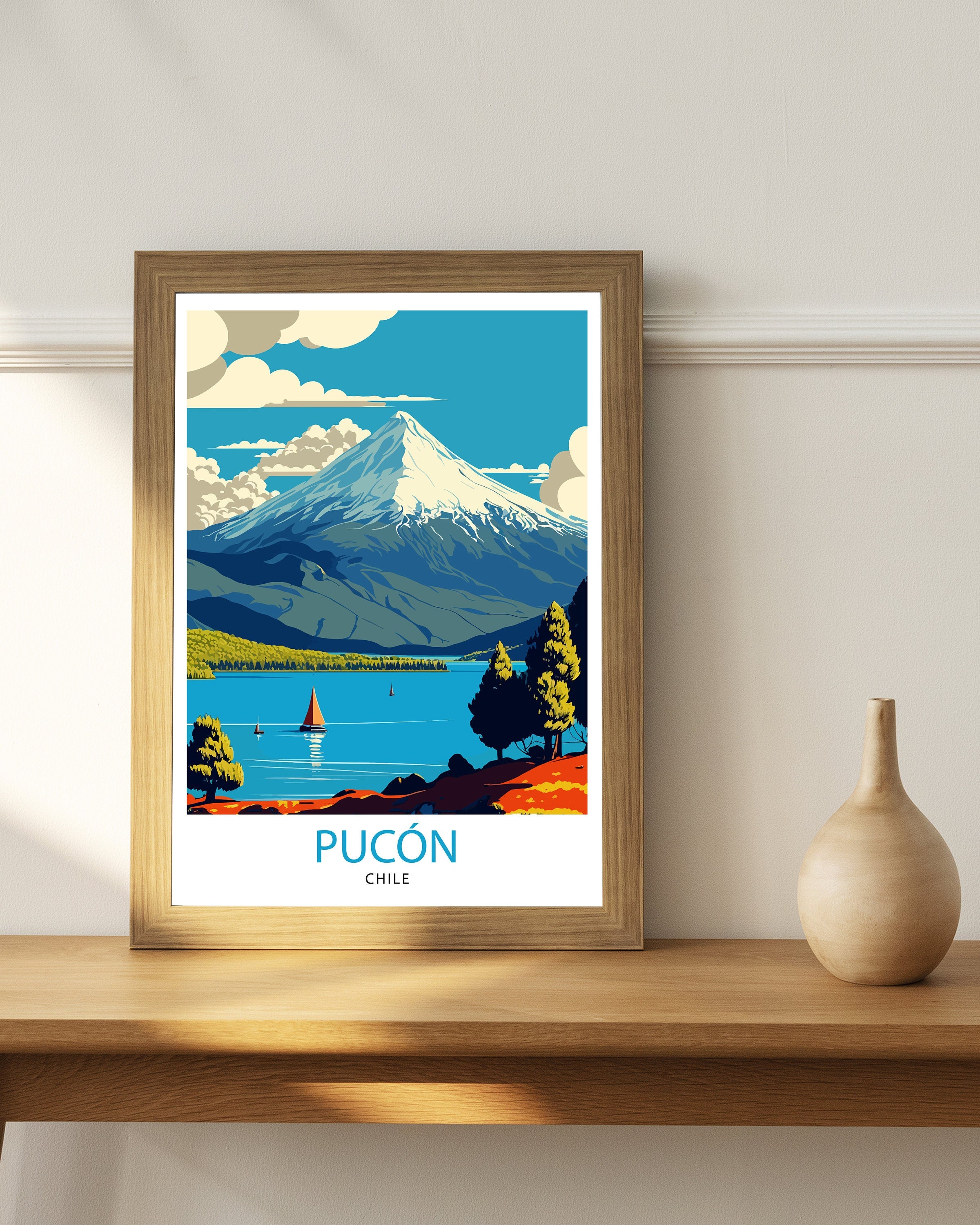 Pucon Chile Travel Poster, Villarrica Volcano, Chilean Landscape Art