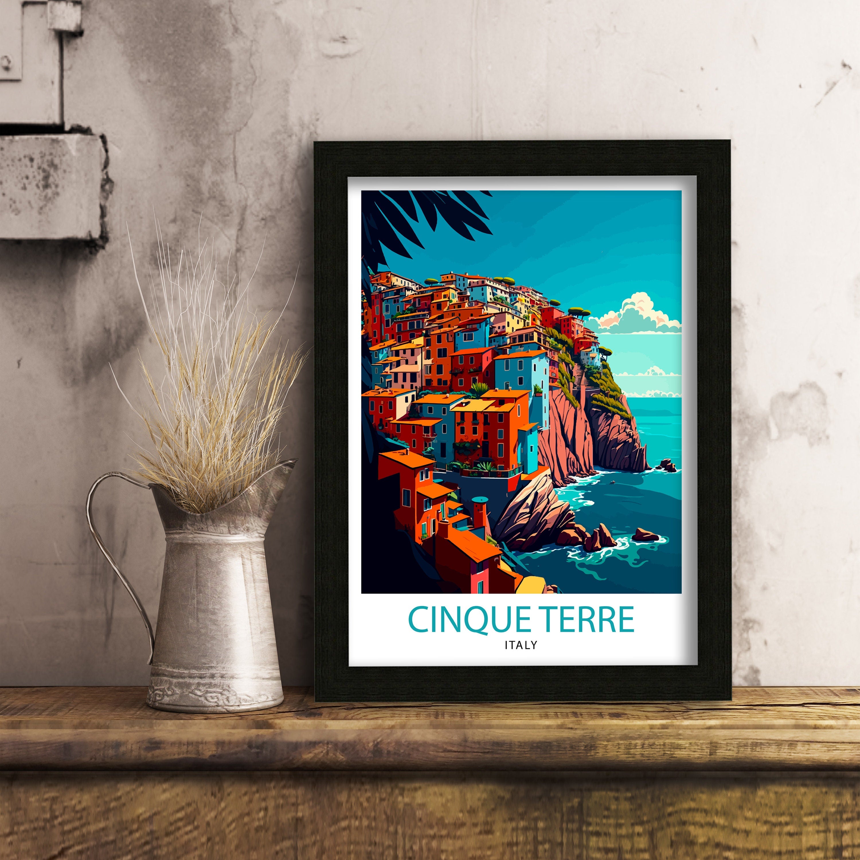 Cinque Terre Italy Travel Poster, Coastal Cliffside Art Print