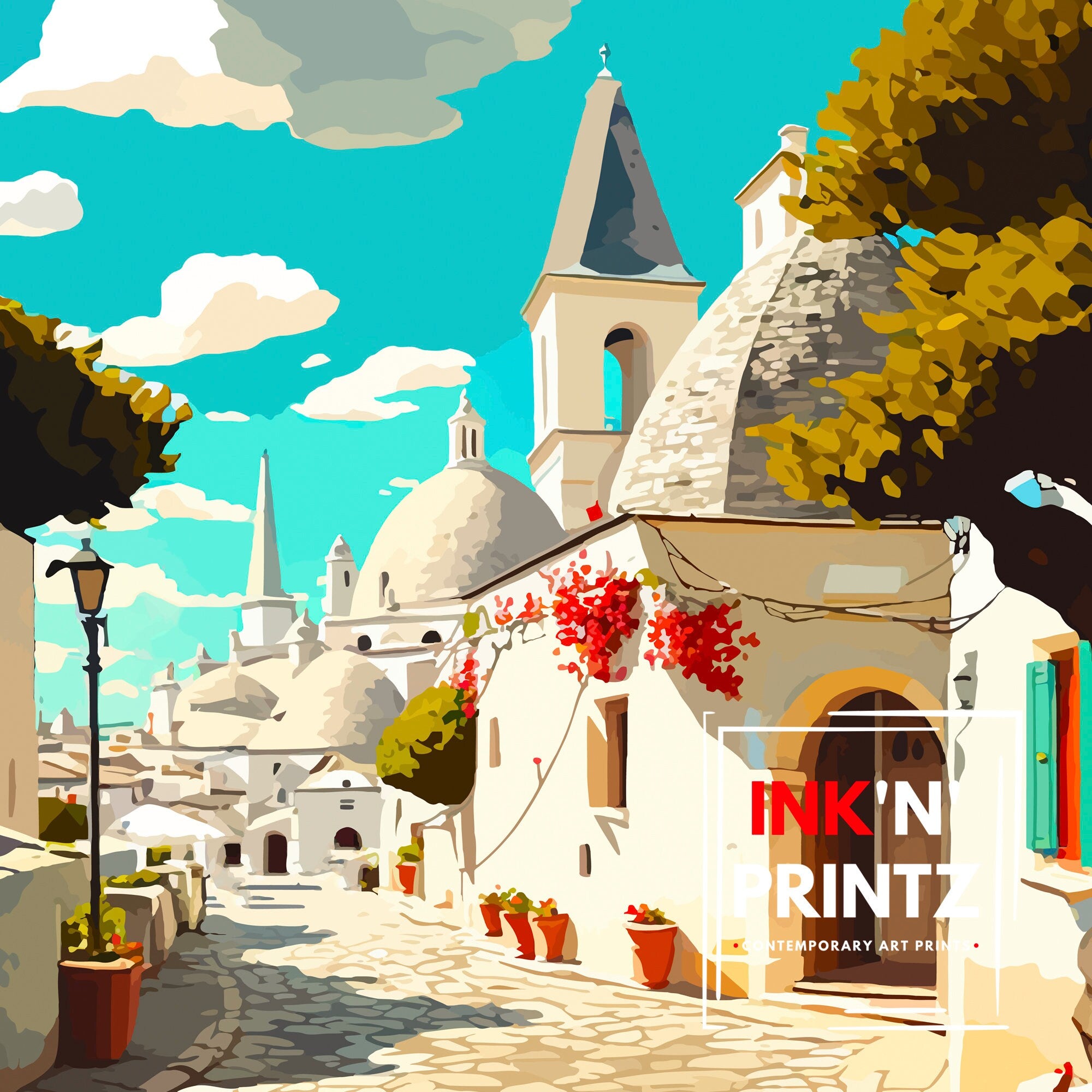 Alberobello Italy Travel Poster, Trulli Illustration Art