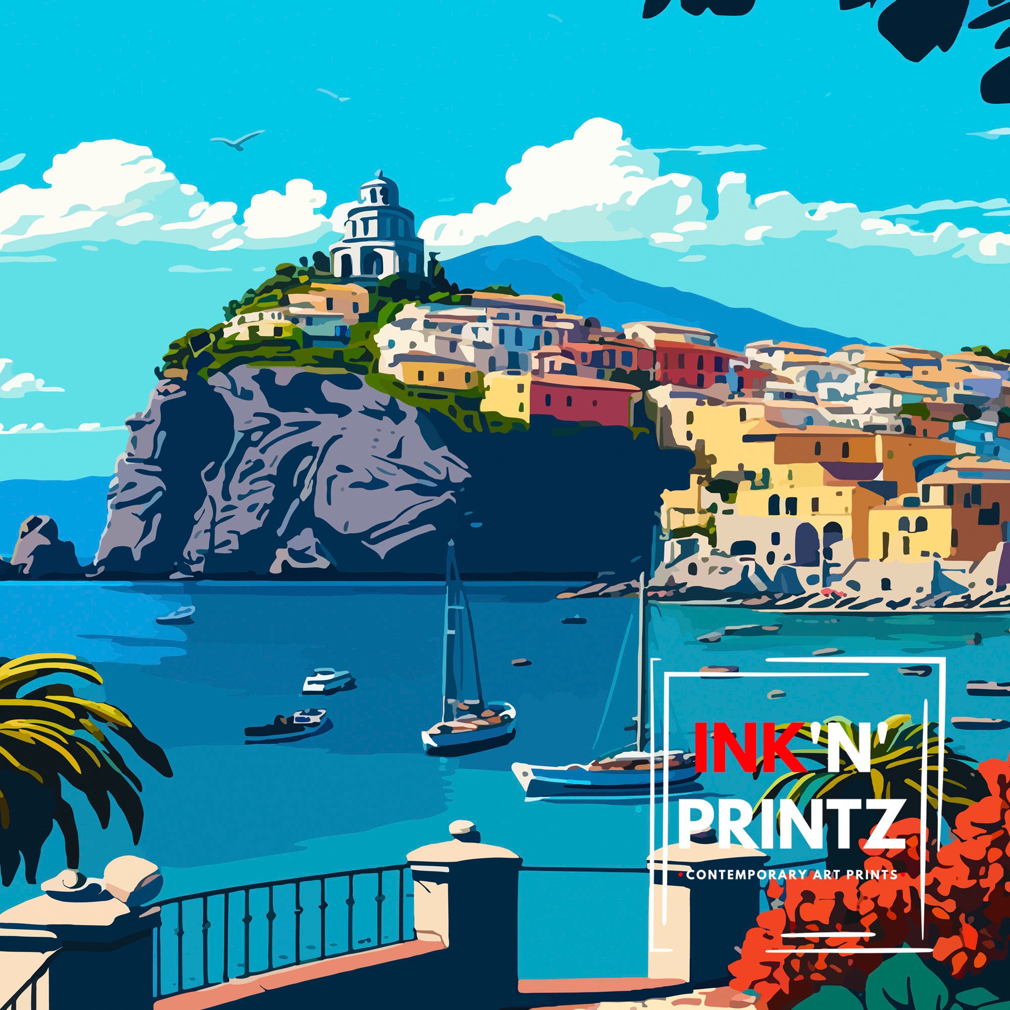 Ischia Italy Travel Poster, Island Illustration Print