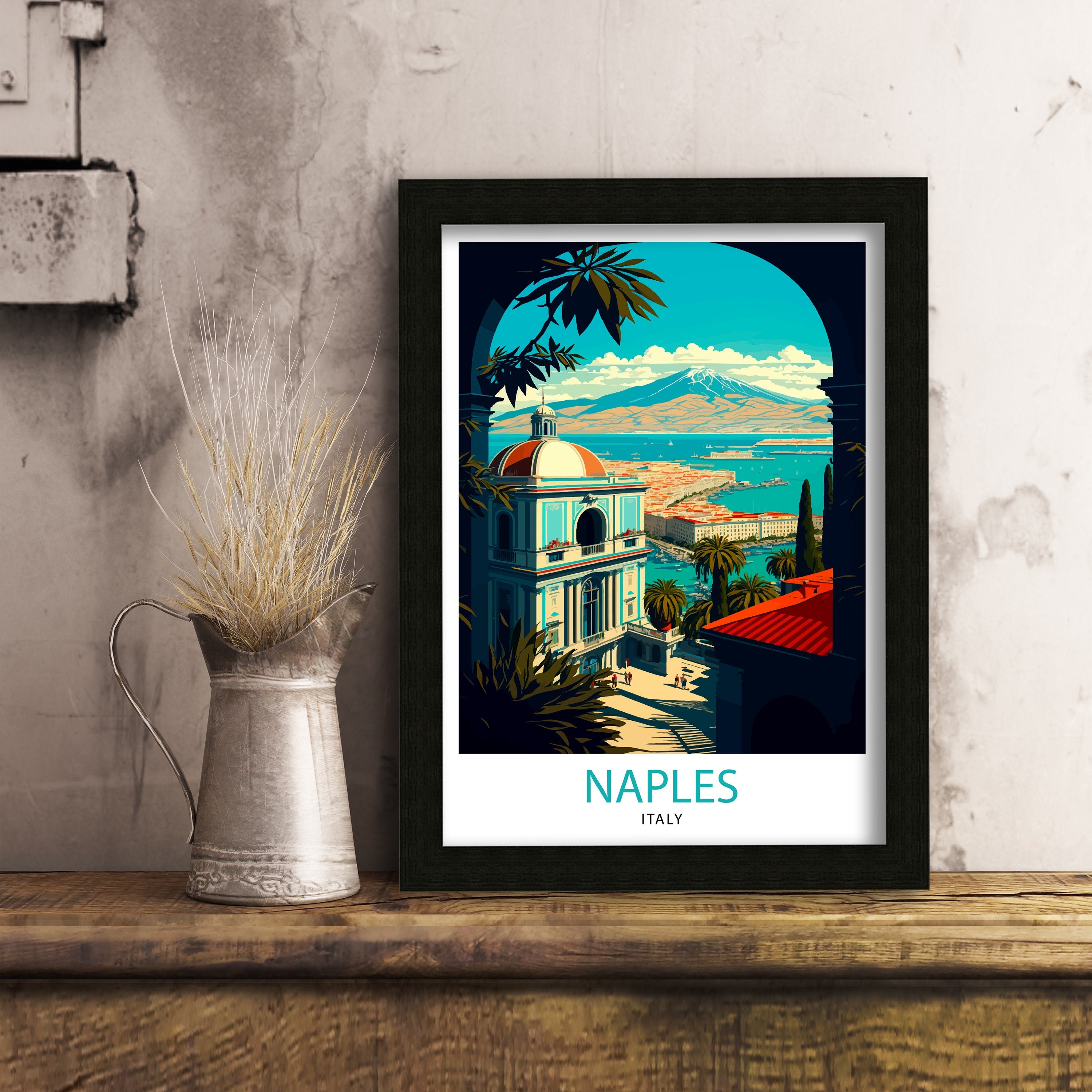 Naples Italy Art Print, Colorful Cityscape Illustration
