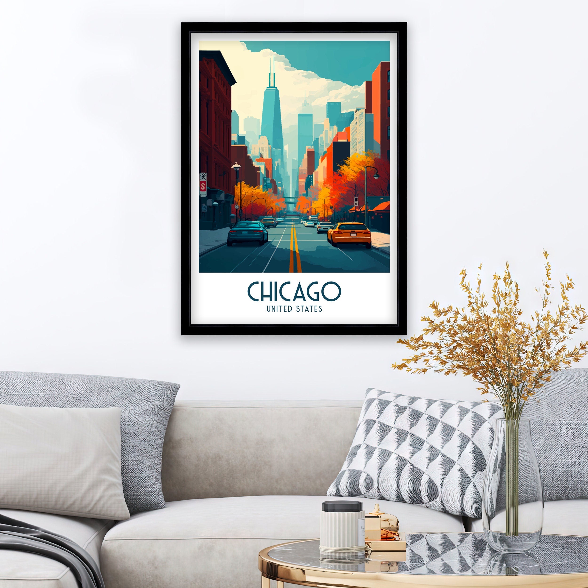 Chicago Travel Poster, Willis Tower & The Bean, Home Decor