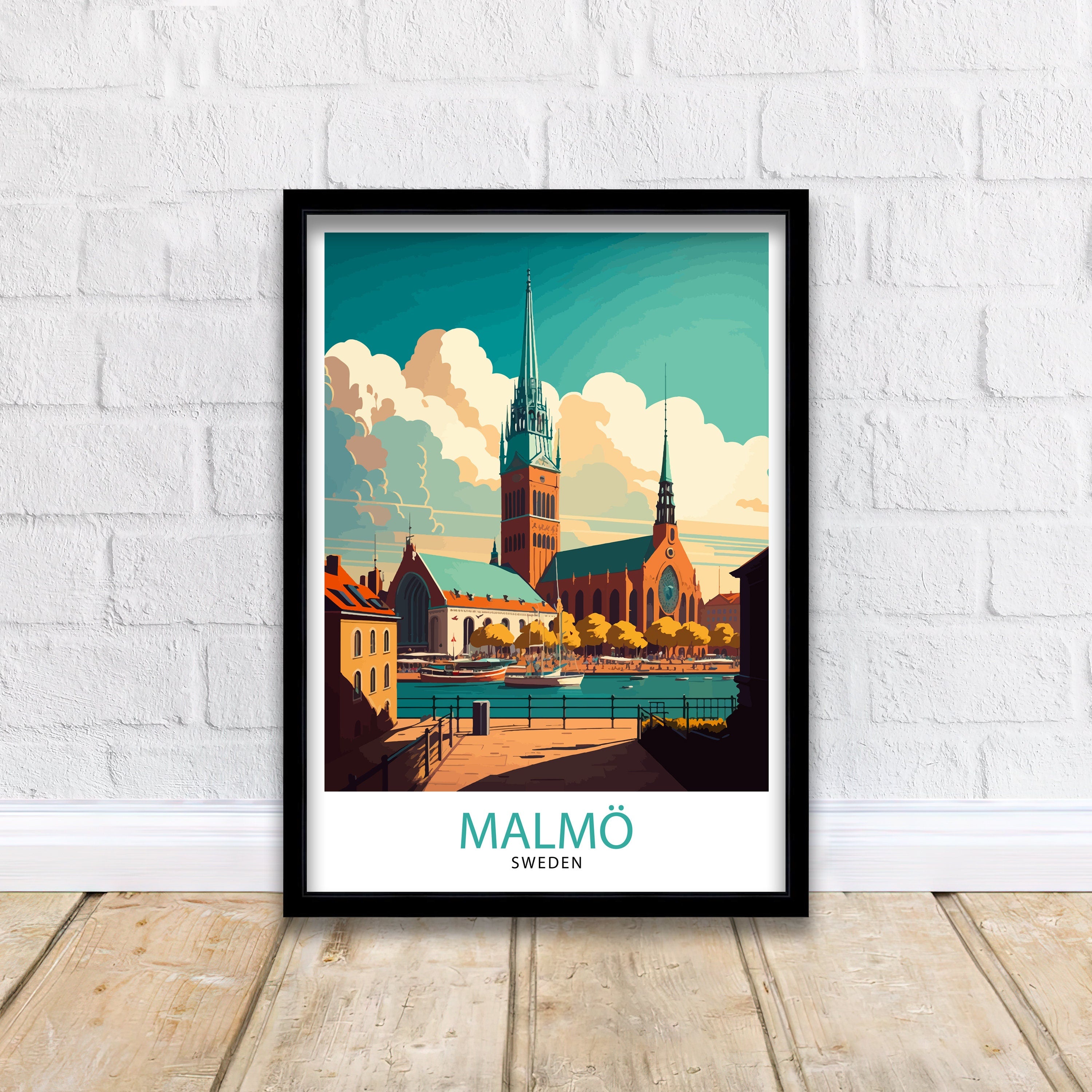 Malmö Sweden Travel Poster, Colorful City Illustration