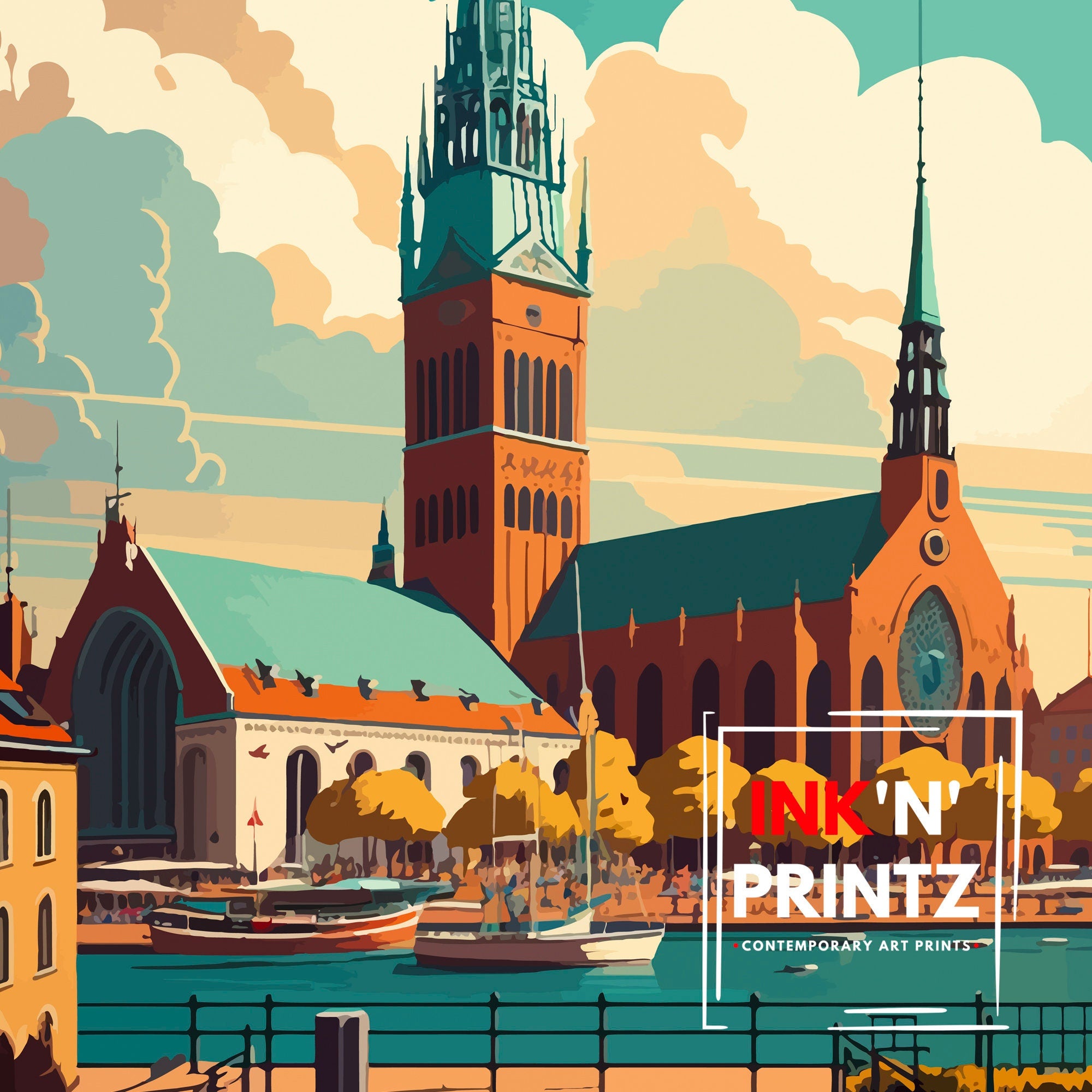 Malmö Sweden Travel Poster, Colorful City Illustration