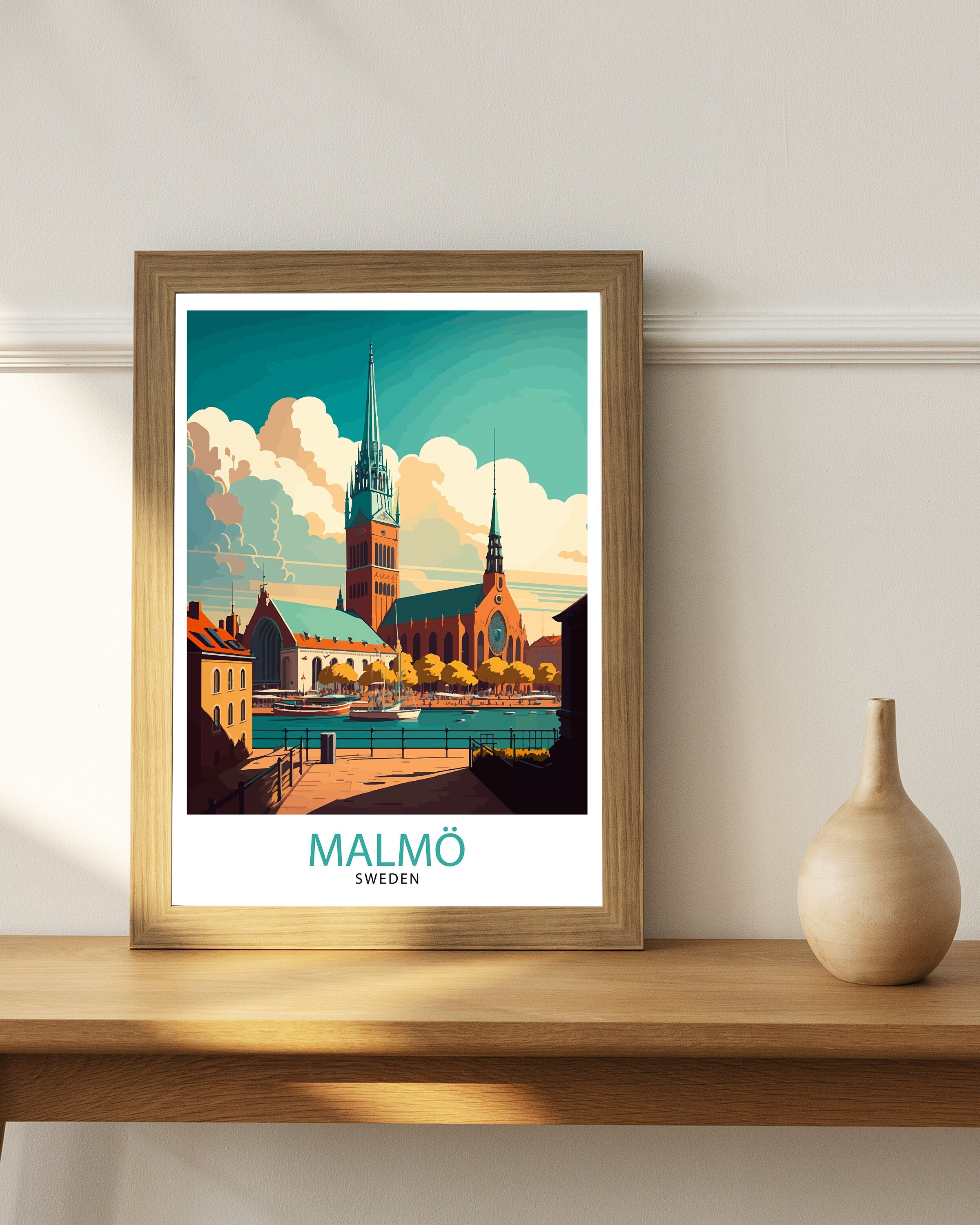 Malmö Sweden Travel Poster, Colorful City Illustration