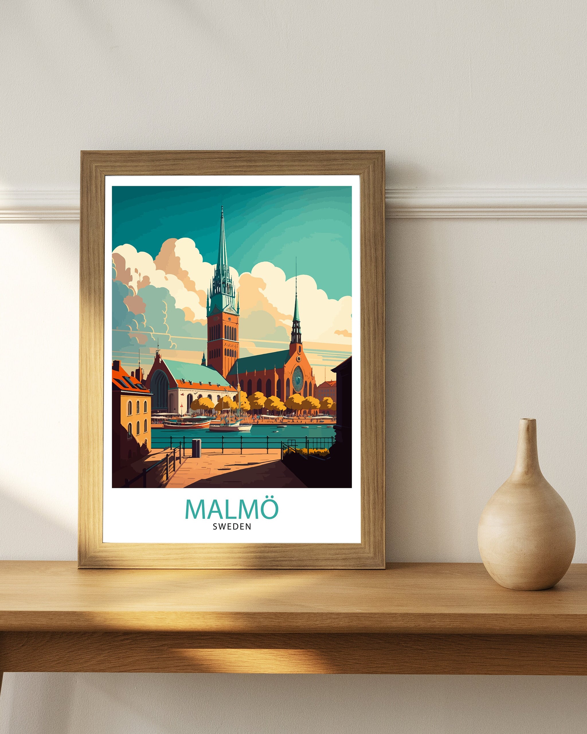 Malmö Sweden Travel Poster, Colorful City Illustration