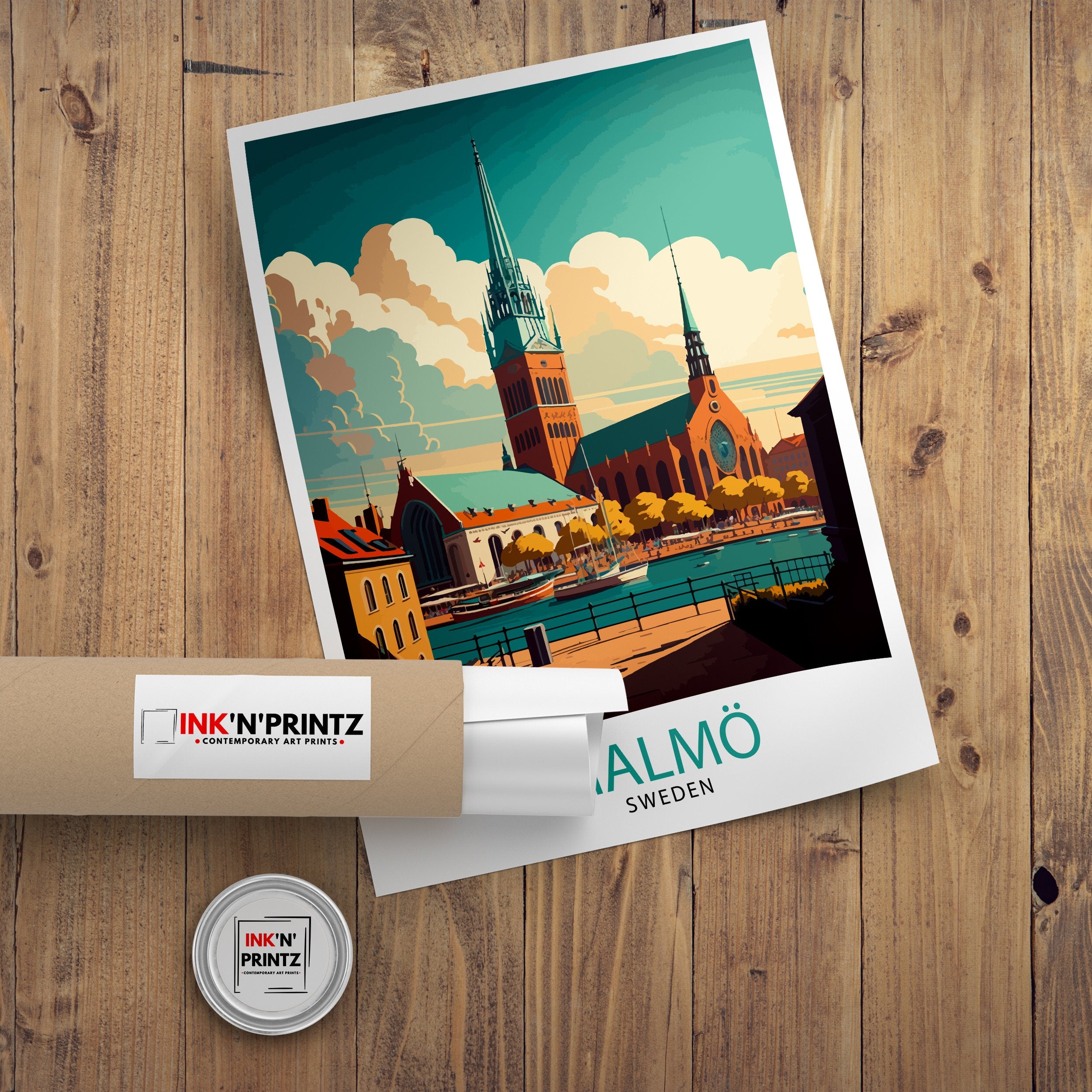 Malmö Sweden Travel Poster, Colorful City Illustration