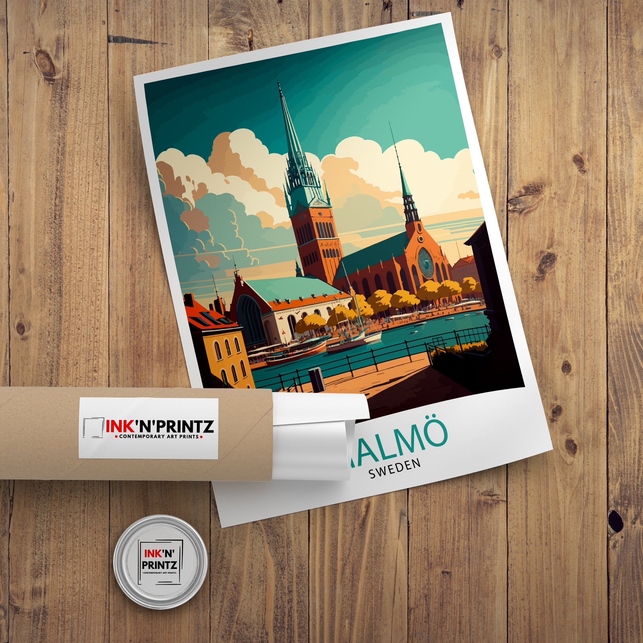 Malmö Sweden Travel Poster, Colorful City Illustration