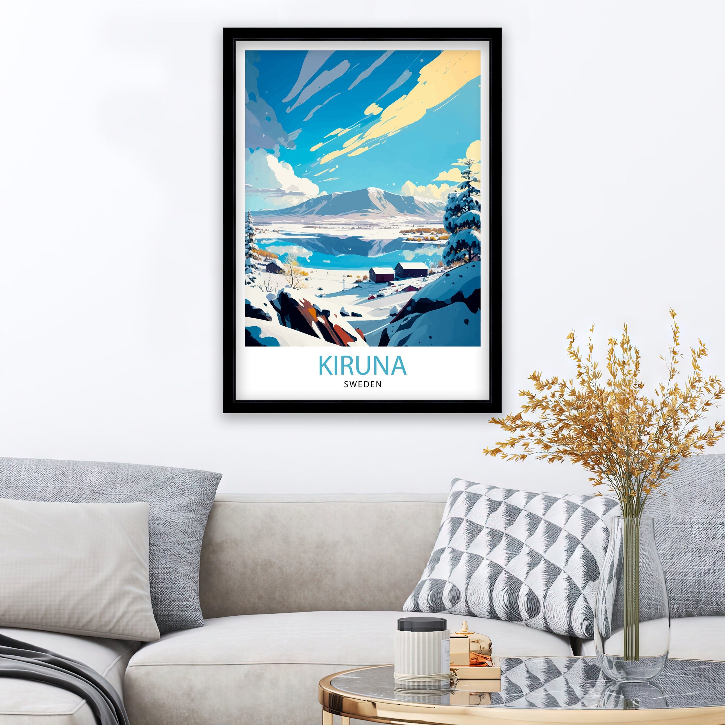 Kiruna Sweden Travel Poster, Illustrated Winter Scene